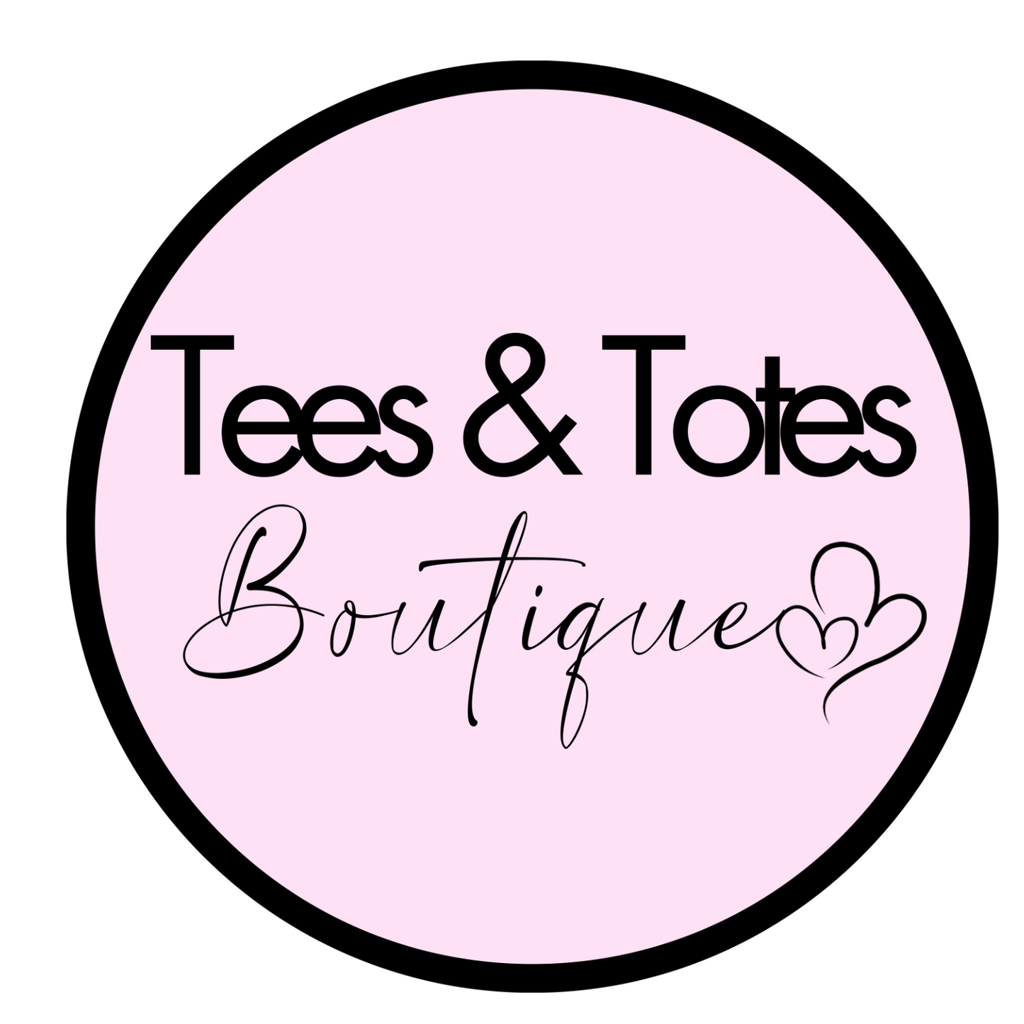 A logo for tees and totes boutique with a pink background and black outline