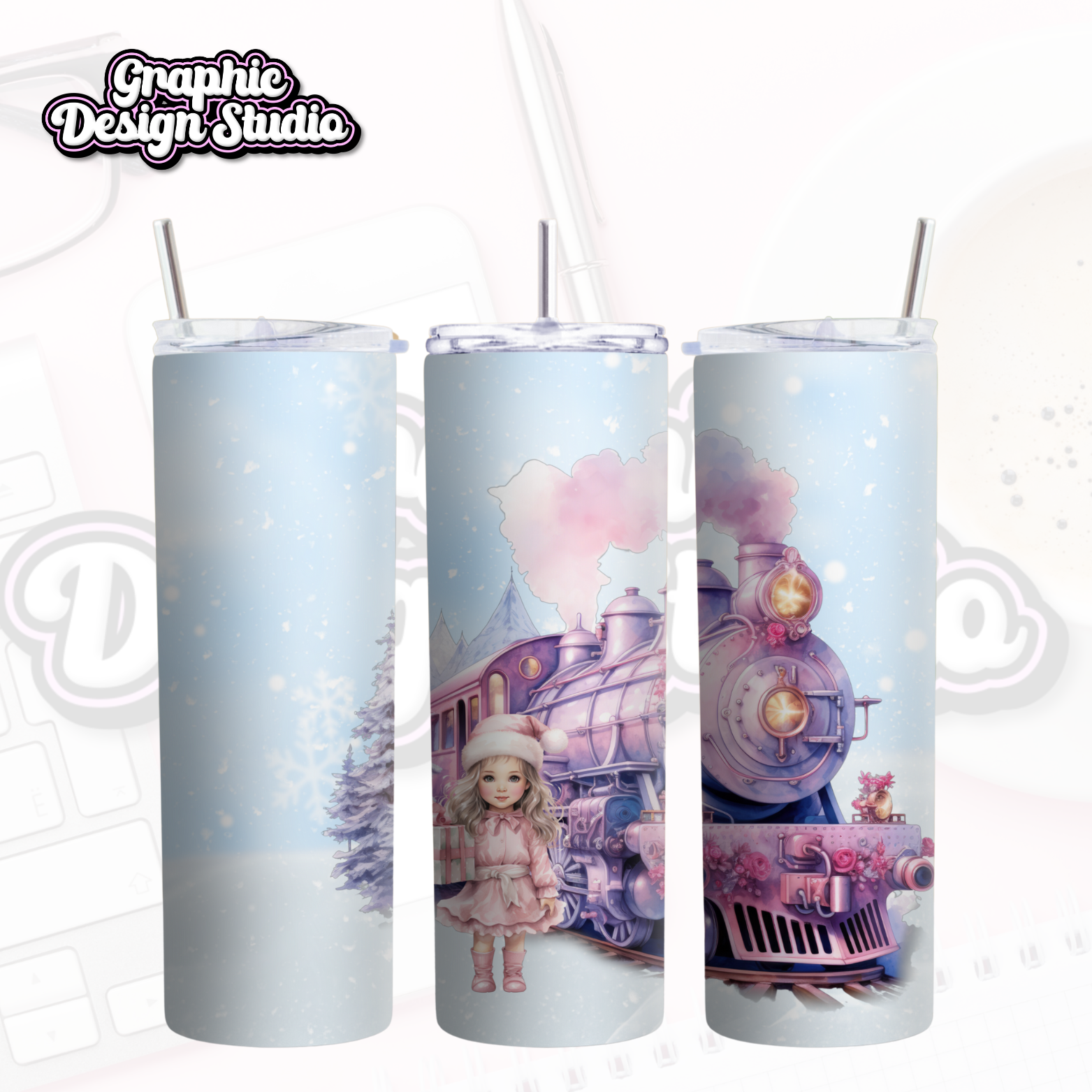 Three insulated tumblers with winter-themed designs featuring a train and a child in a snowy landscape.