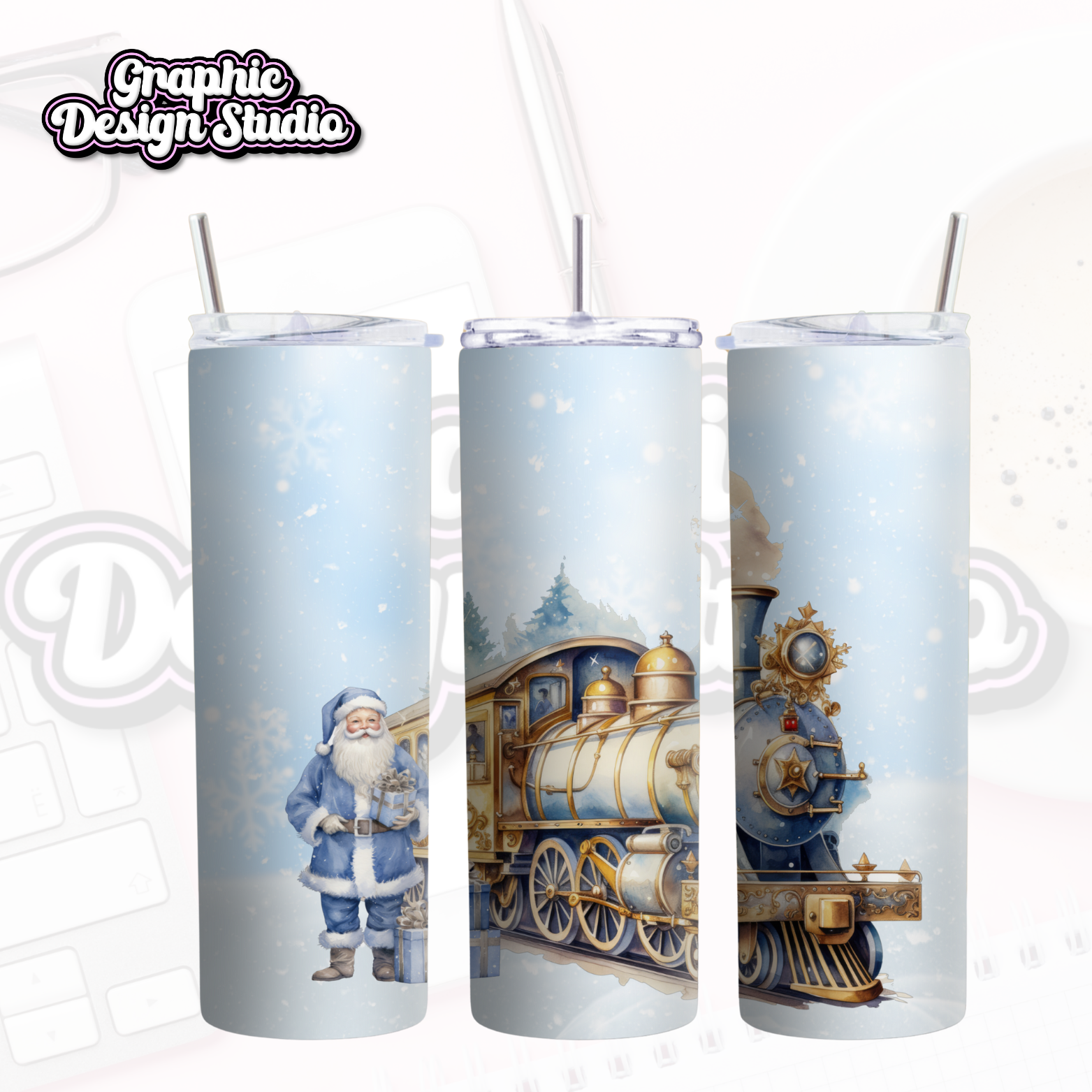 Three tumblers with winter-themed designs featuring Santa Claus and a train on a light blue background.