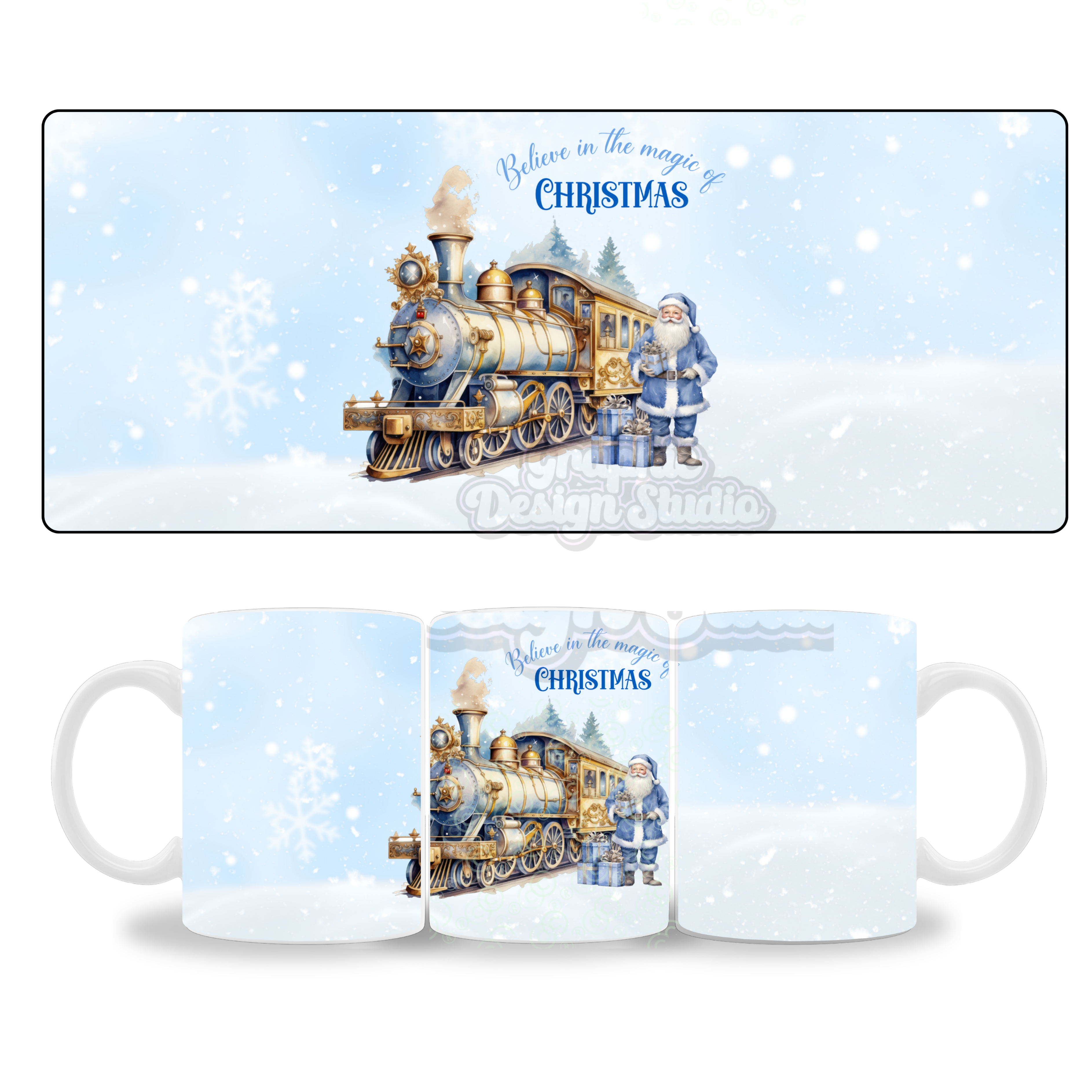 Blue train Christmas digital download mug design