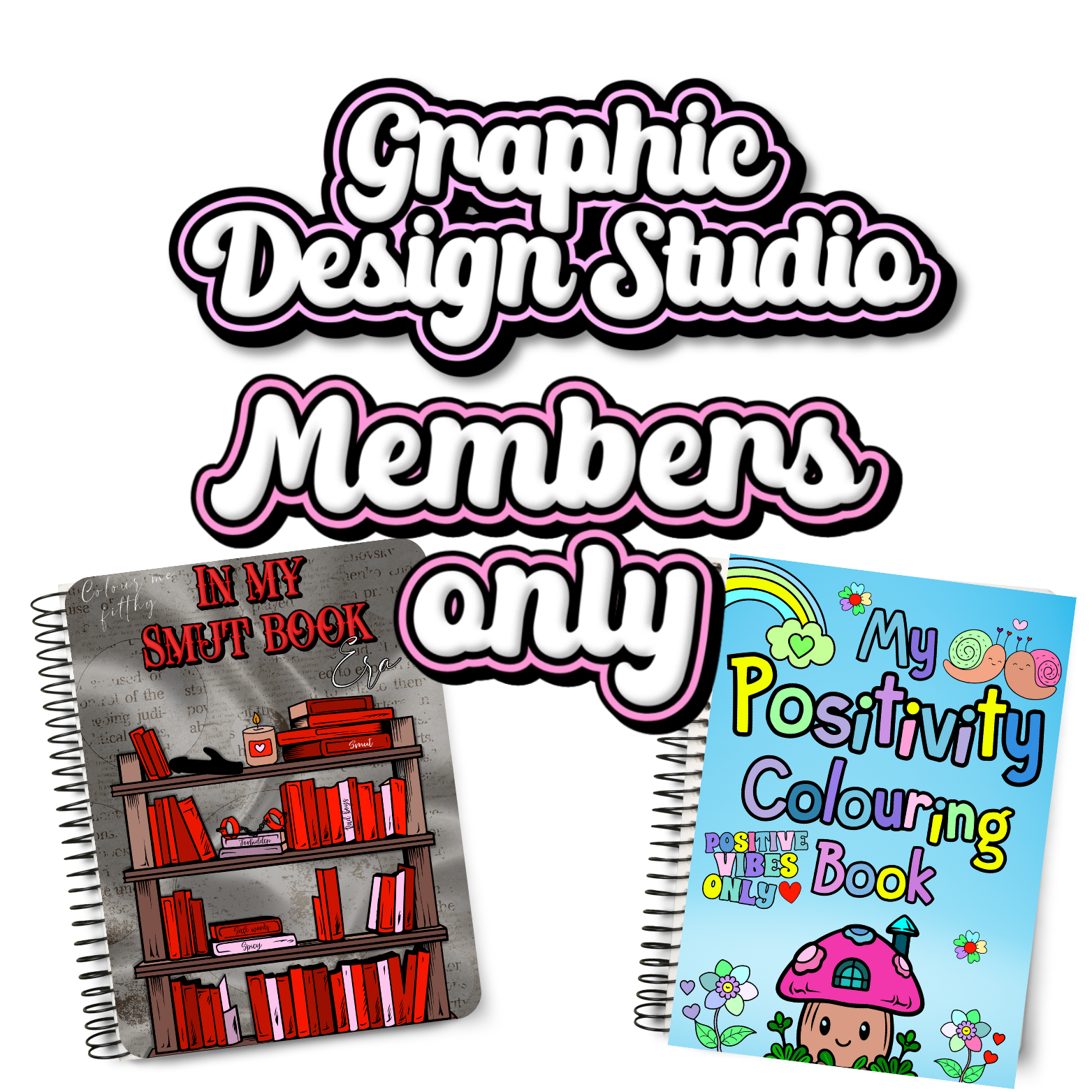 Two books, one with a bookshelf design and the other with a mushroom character, on a white background with text overlay.