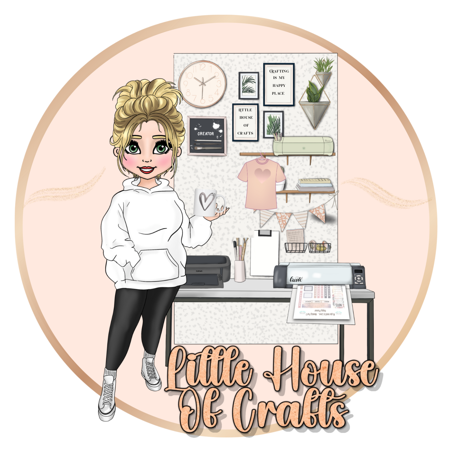 Illustration of a person in a white hoodie standing in front of a craft room with 'Little House of Crafts' branding.