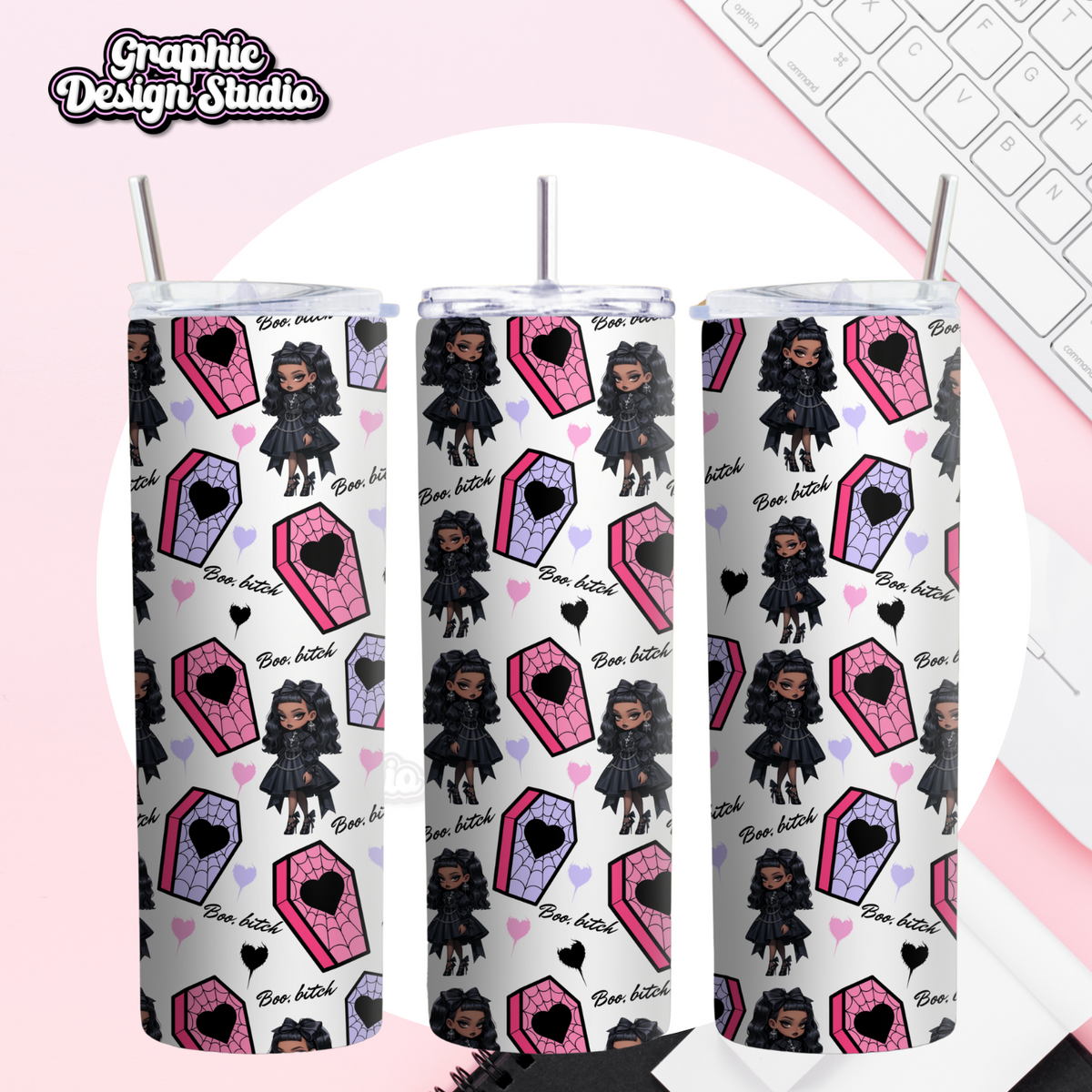A 20oz tumbler instant download which is gothic, a gothic girl withp pink and purple coffin 