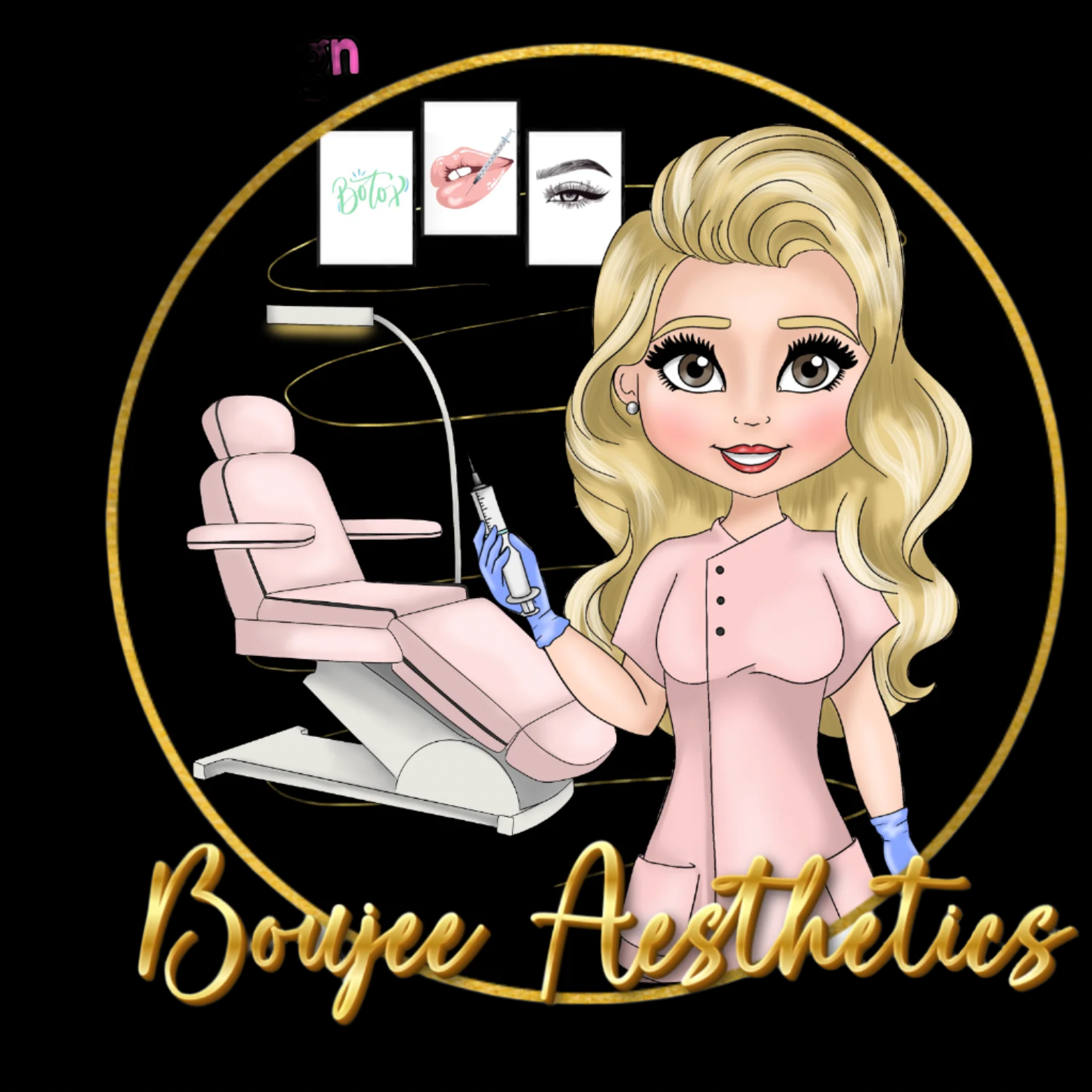 A dolly logo with coloured eyes, hair and an aesthetics chair in the background 