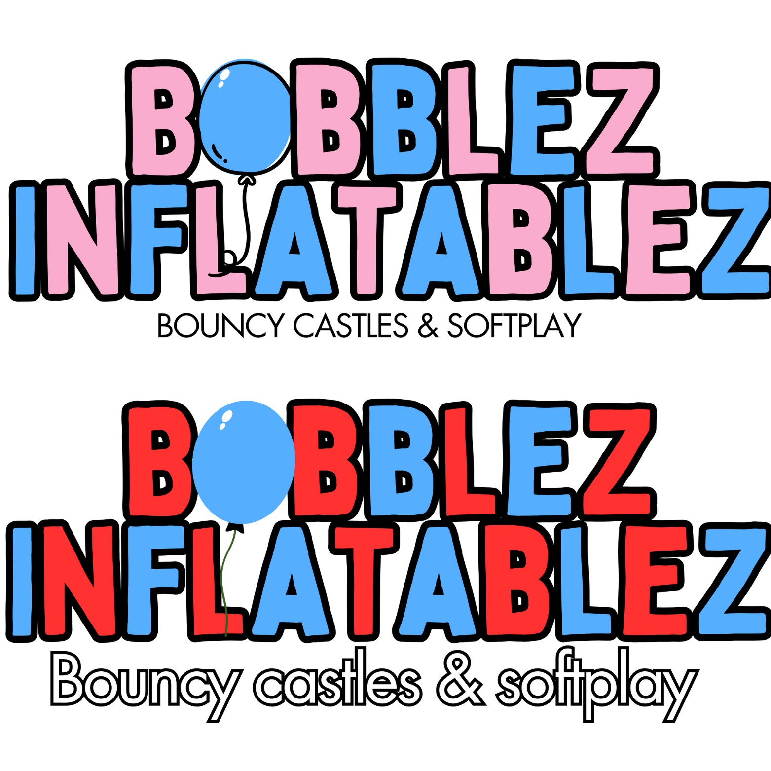 A creative text logo with an image of Bobblez inflatablez a party business with a balloon inside the logo