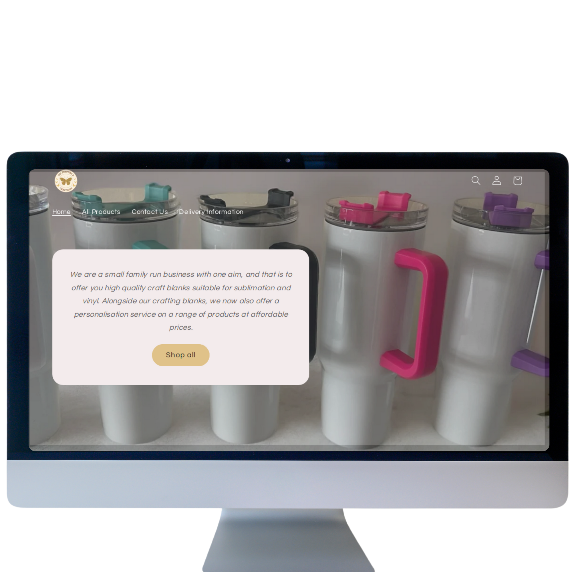 Computer screen displaying a product page with tumblers and a promotional message.