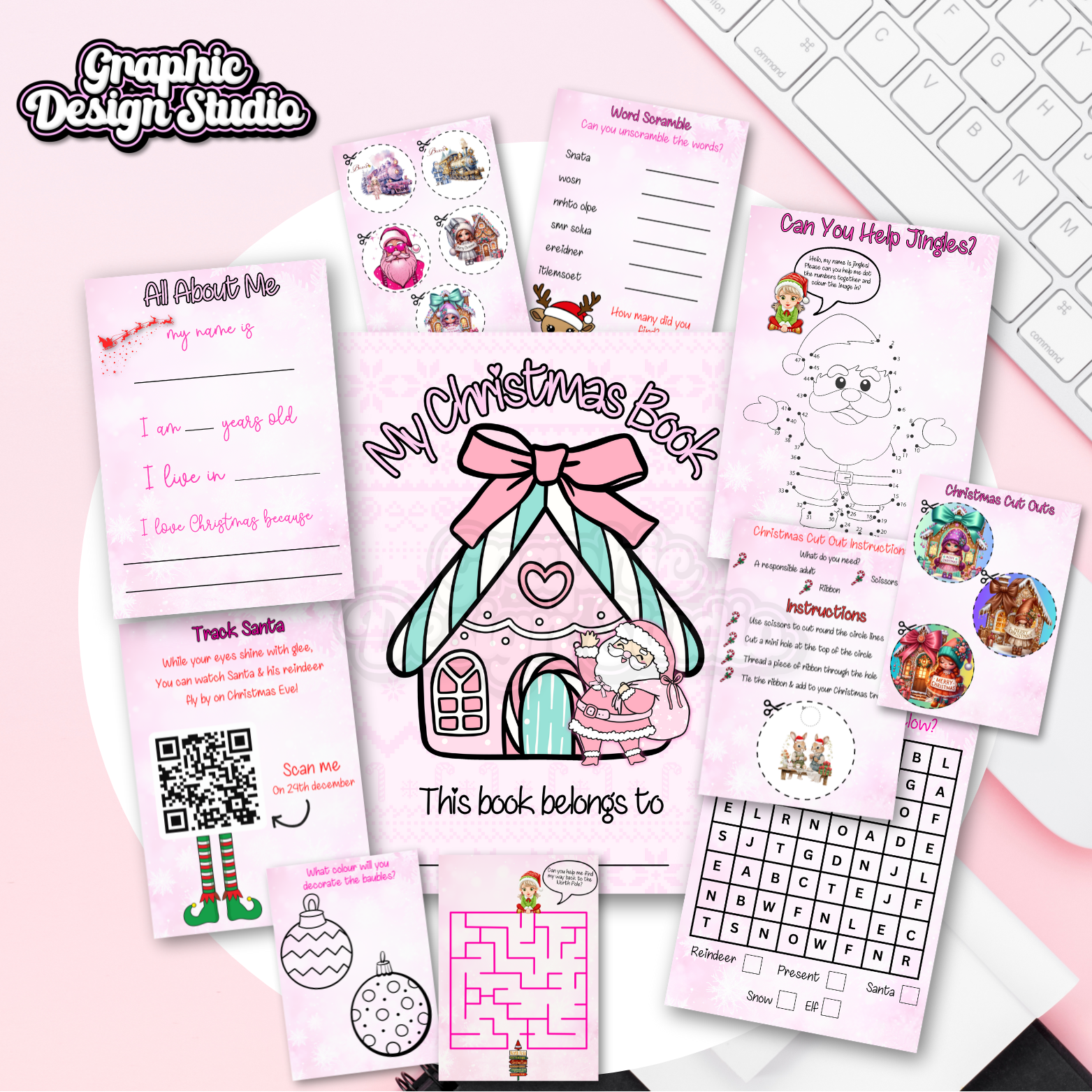 This is a digital PINK book for Christmas time which includes

Front Page which says ‘this book belongs to

Santa Tracker QR code to scan on Christmas Eve

About me page (my name is.. my age is)
Colouring pages (id recommend crayons to add to these when selling your books)

Cut Out Pages 
Cut Out Instructions
Wordsearch
Get jingles home
Word scramble
Sing-a-long words
An extra Santa letter for children to post off to Santa
Dot-to-dot