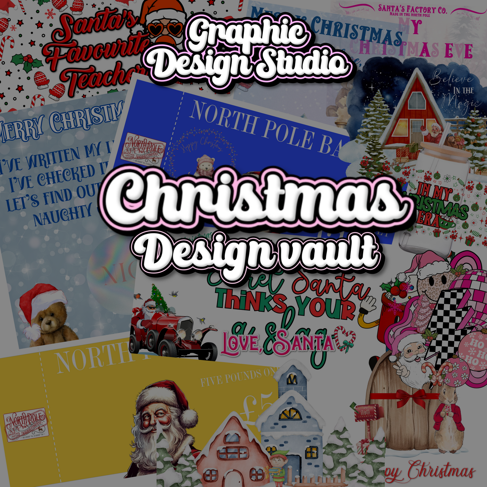 Collage of Christmas-themed graphics with text overlay for a graphic design studio.