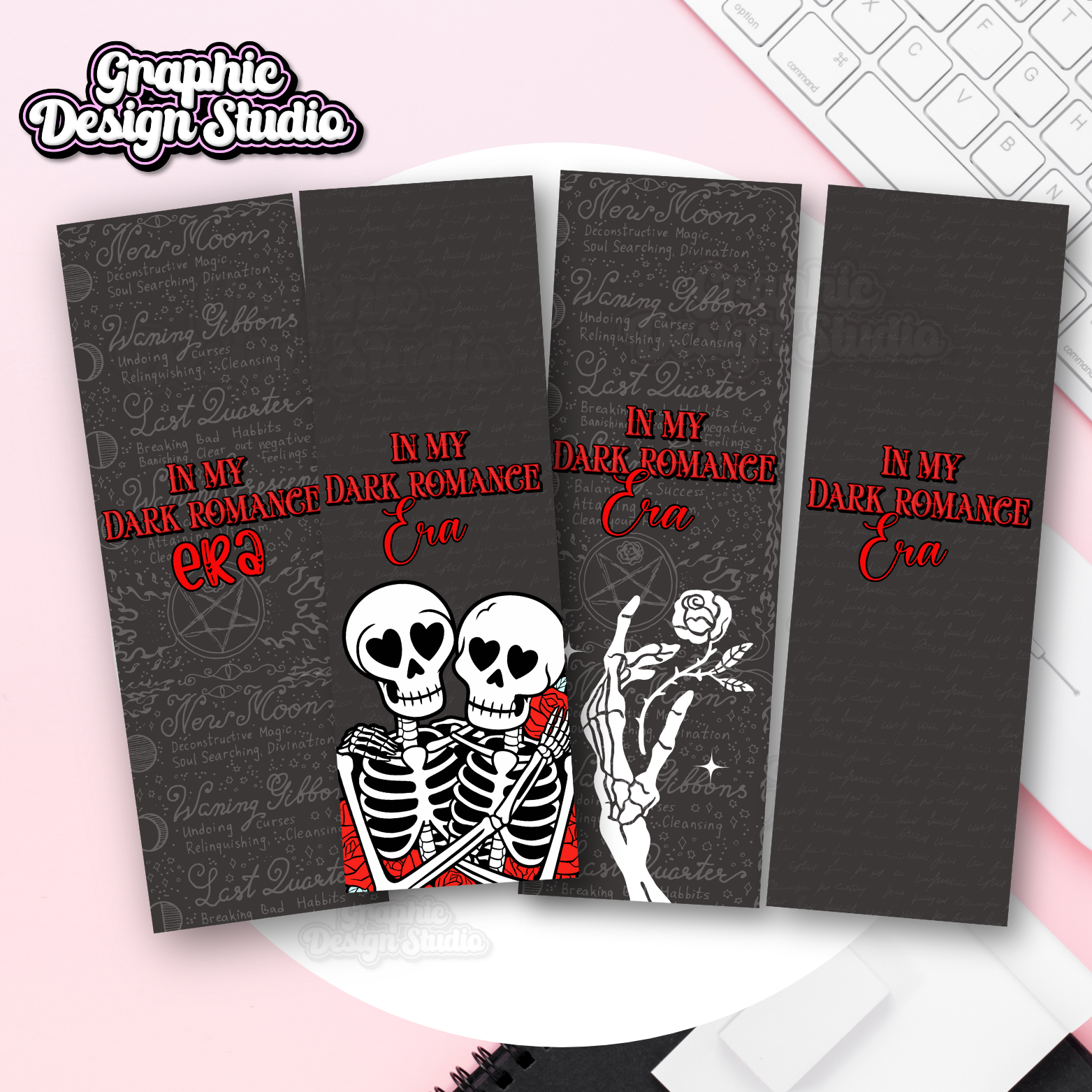 Four black notebooks with 'In My Dark Romance Era' design featuring skeletons and text. Digital downloads 