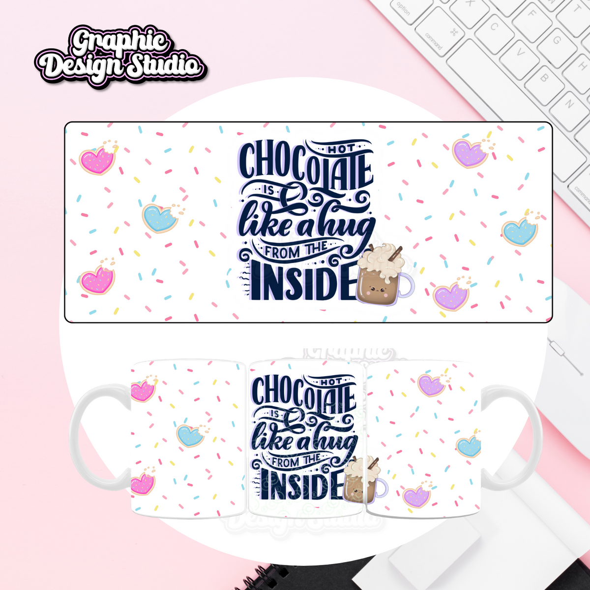 Digital design pad set with chocolate-themed design on a pink surface.