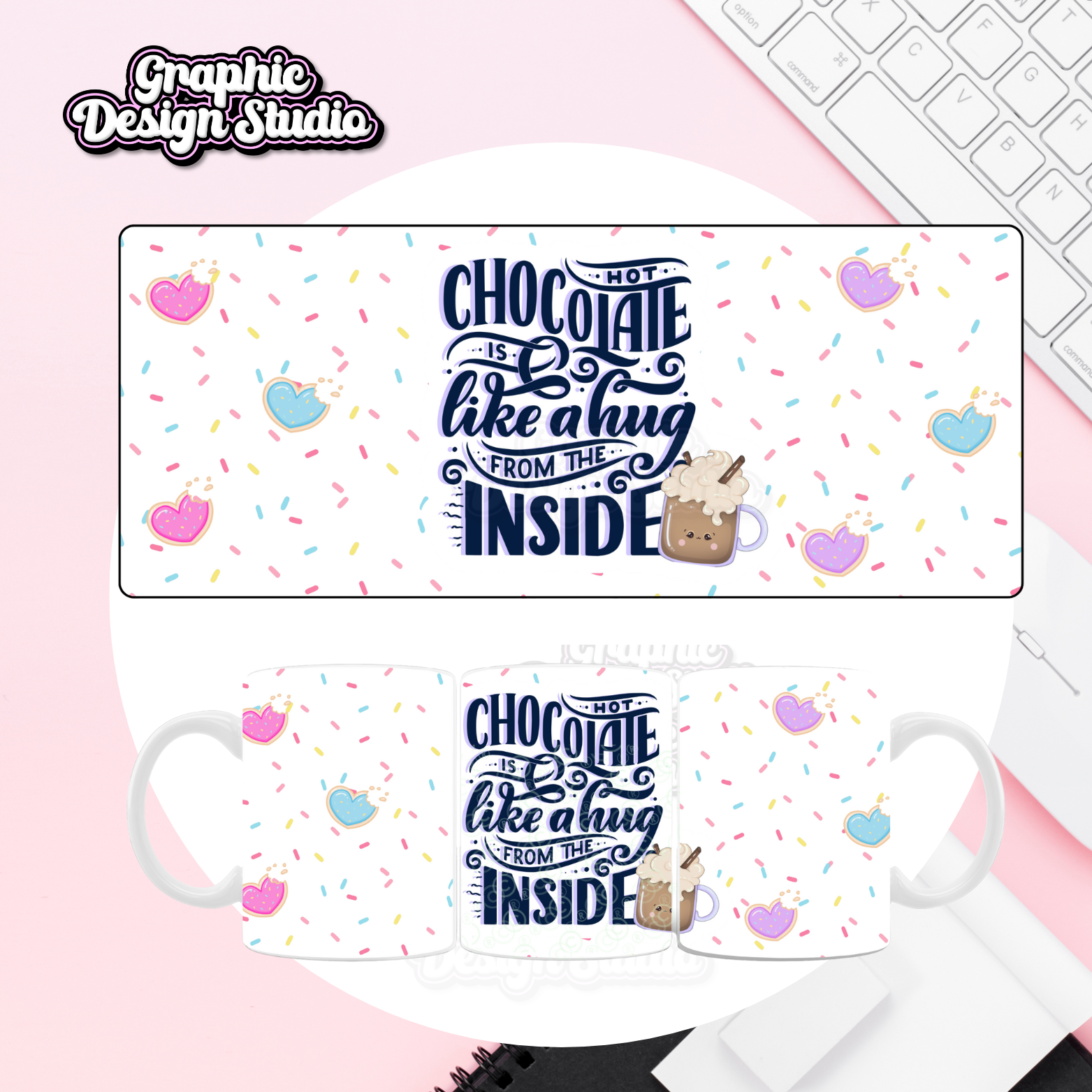 Digital design pad set with chocolate-themed design on a pink surface.