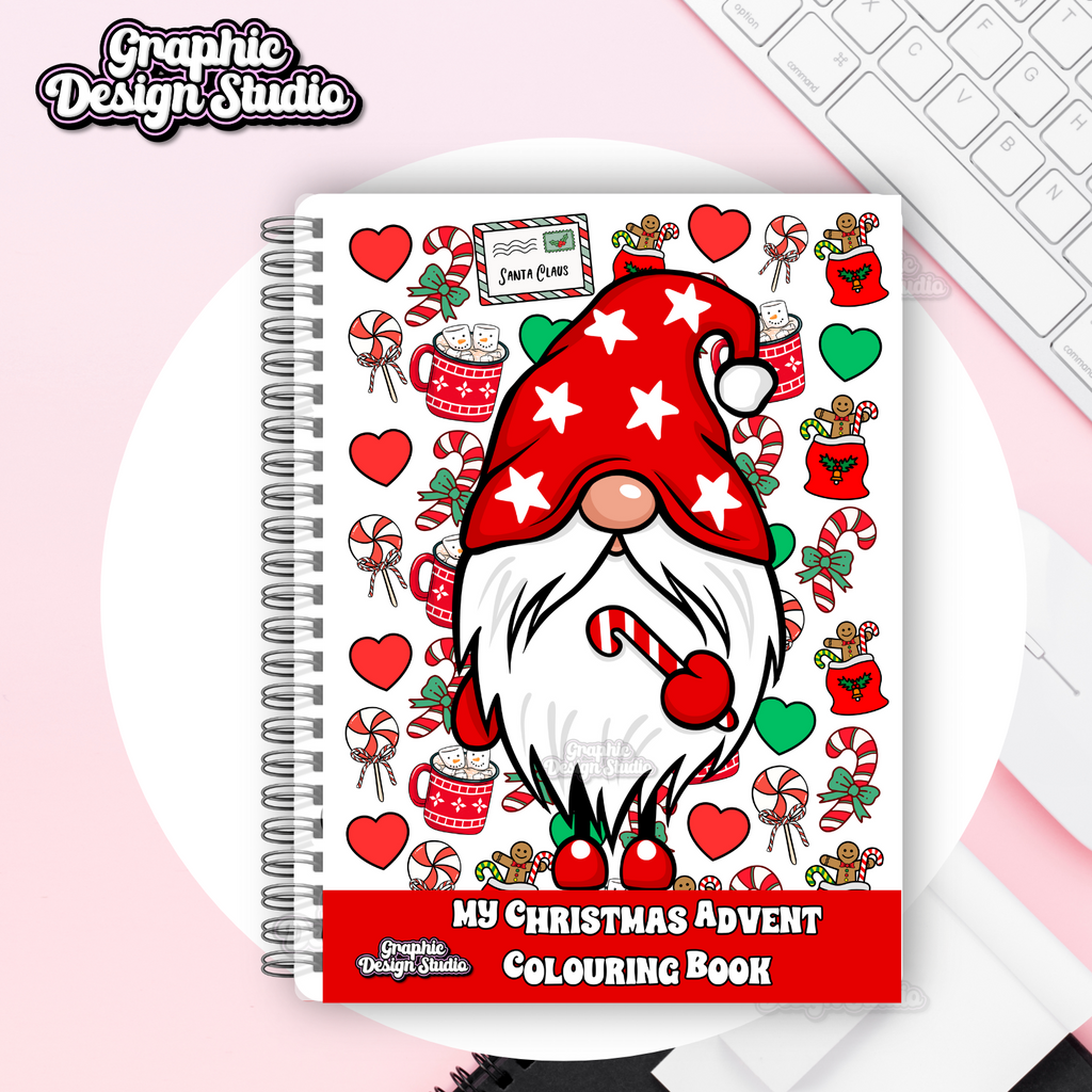 Christmas-themed coloring book with a gnome design on a white surface.