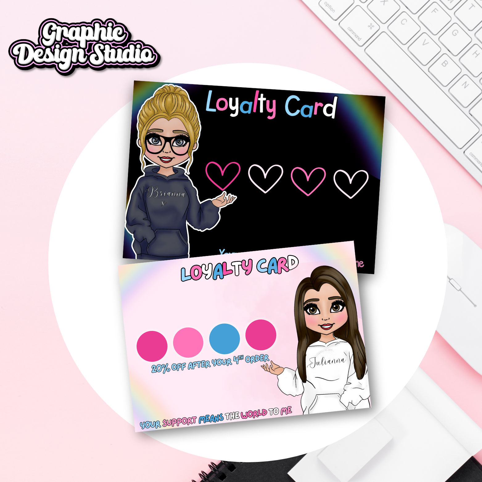 Loyalty card designs with a pink background and a computer keyboard in the background