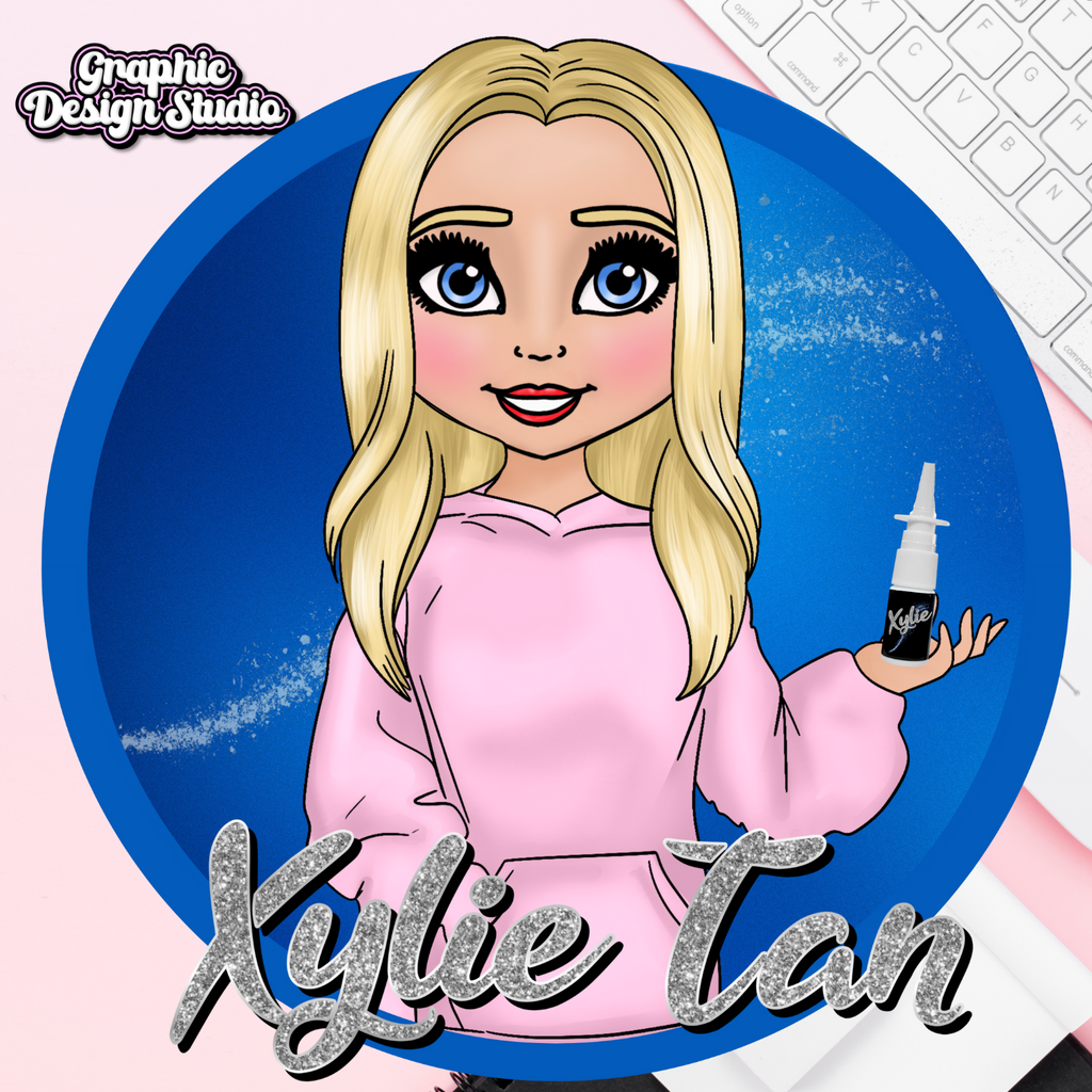 Cartoon character holding a bottle labeled 'Kylie Tan' with a blue circle background.