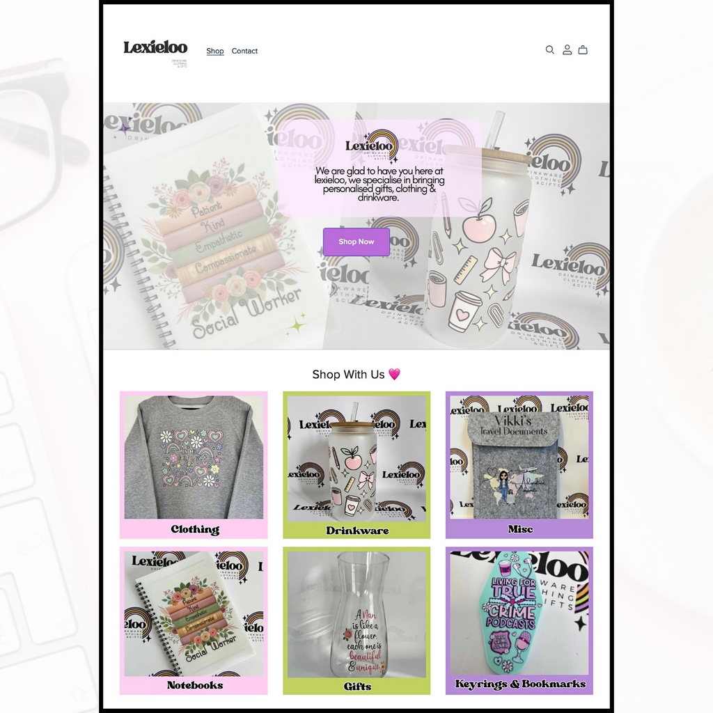 Lexieloo online store homepage with product categories and examples.