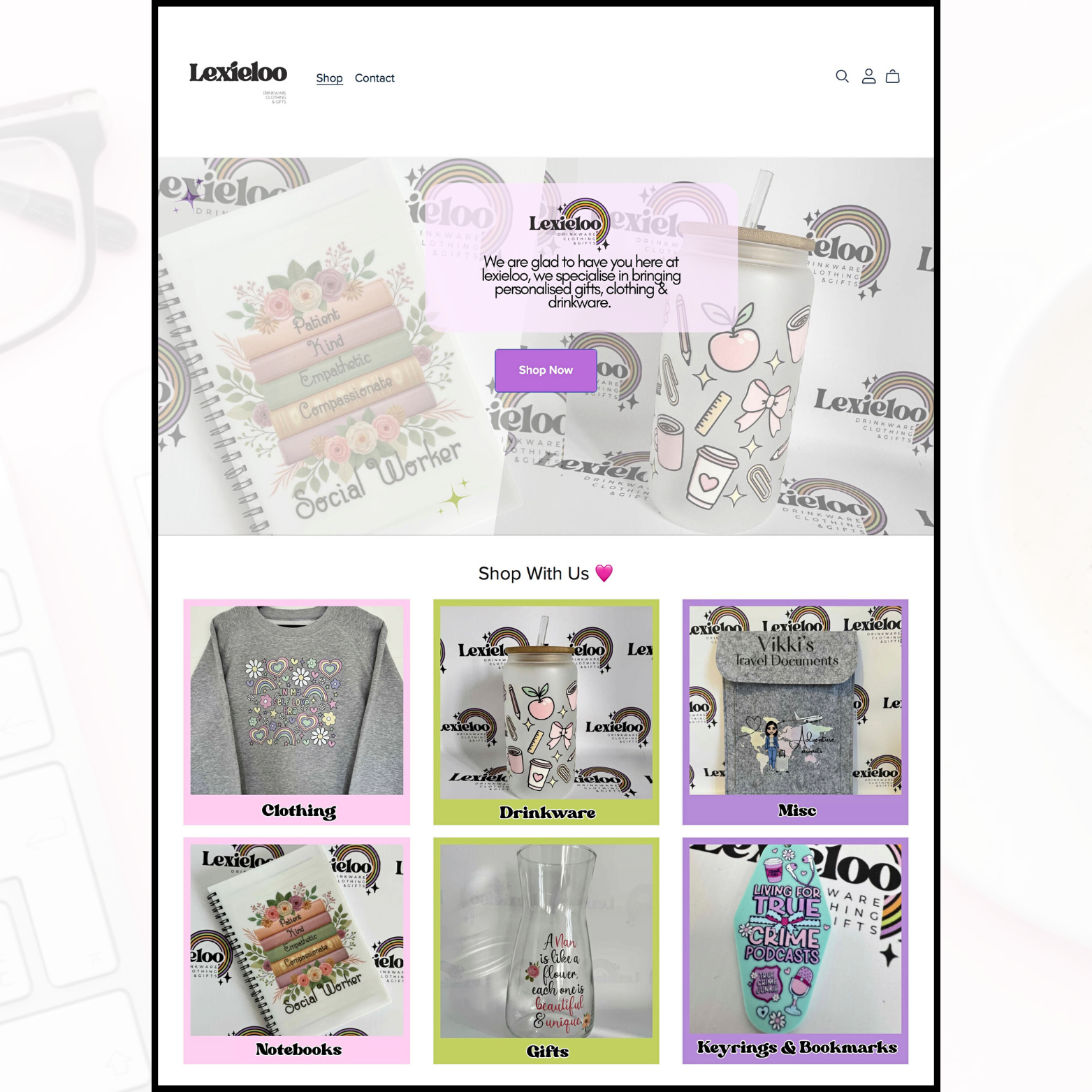 Lexieloo online store homepage with product categories and examples.