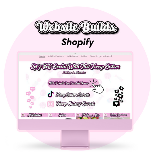 An image with a pink background with a computer and a shopify website design inside of it 