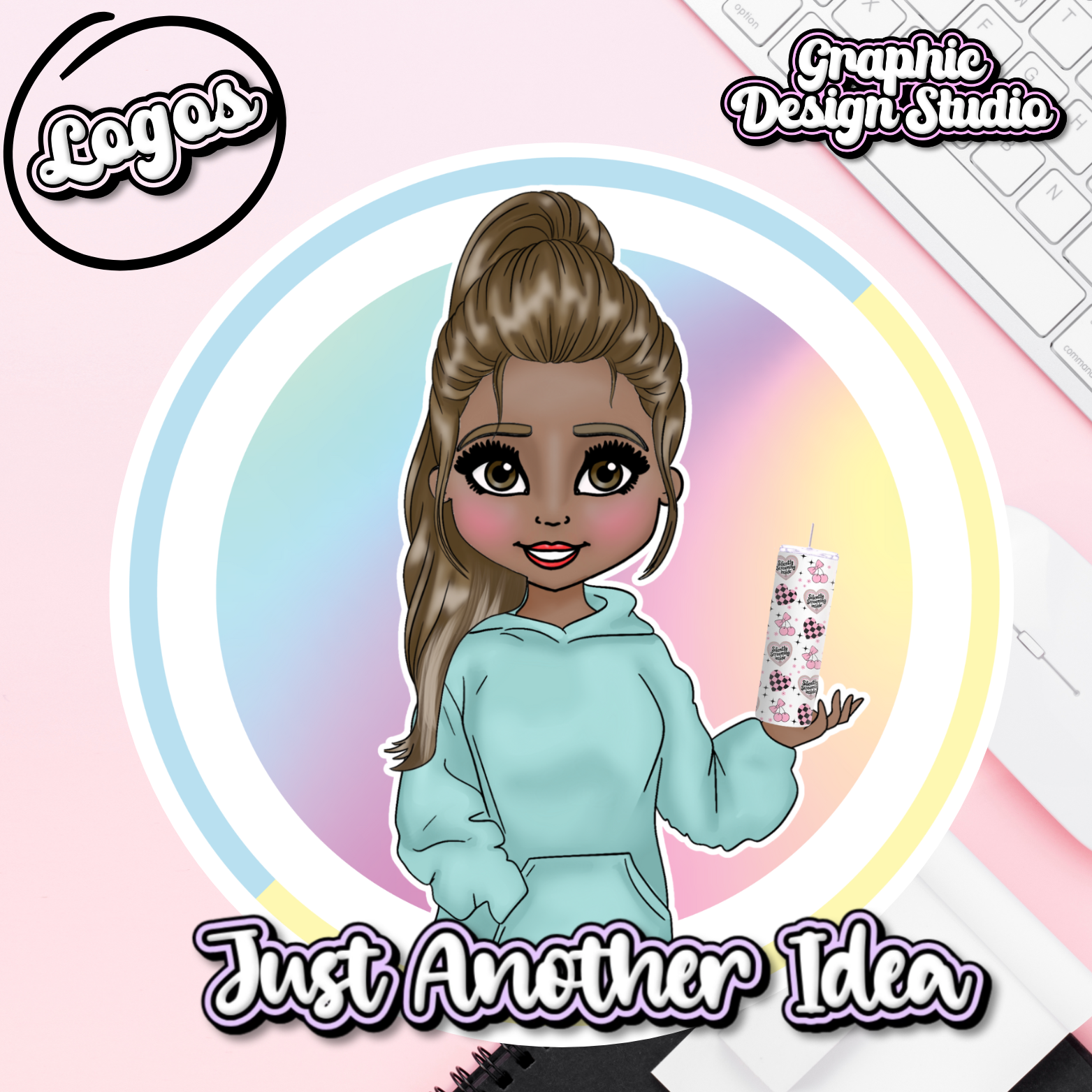 Cartoon character holding a phone with colorful circles and text on a pink background