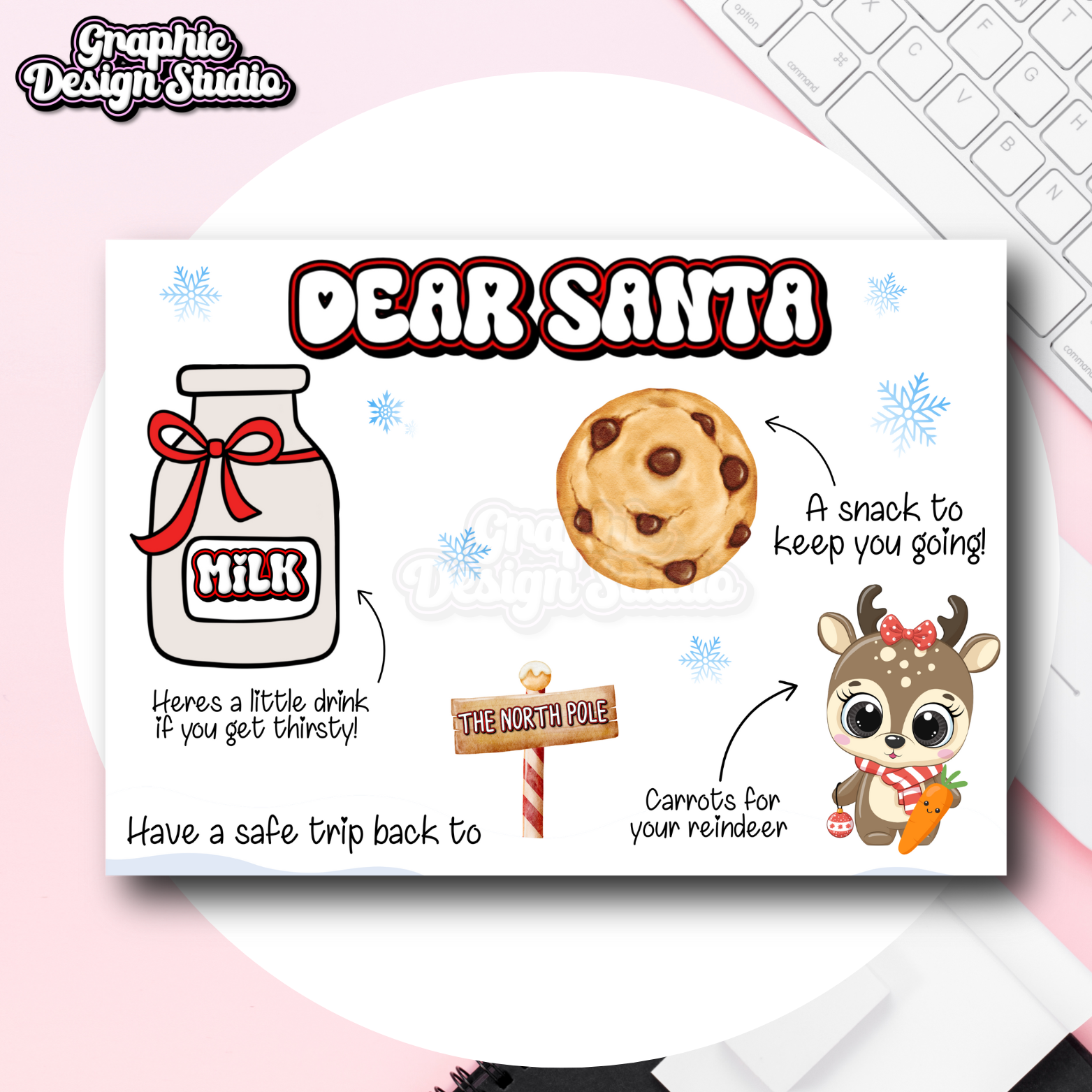 Illustrated letter to Santa with milk, cookies, and reindeer on a pink background