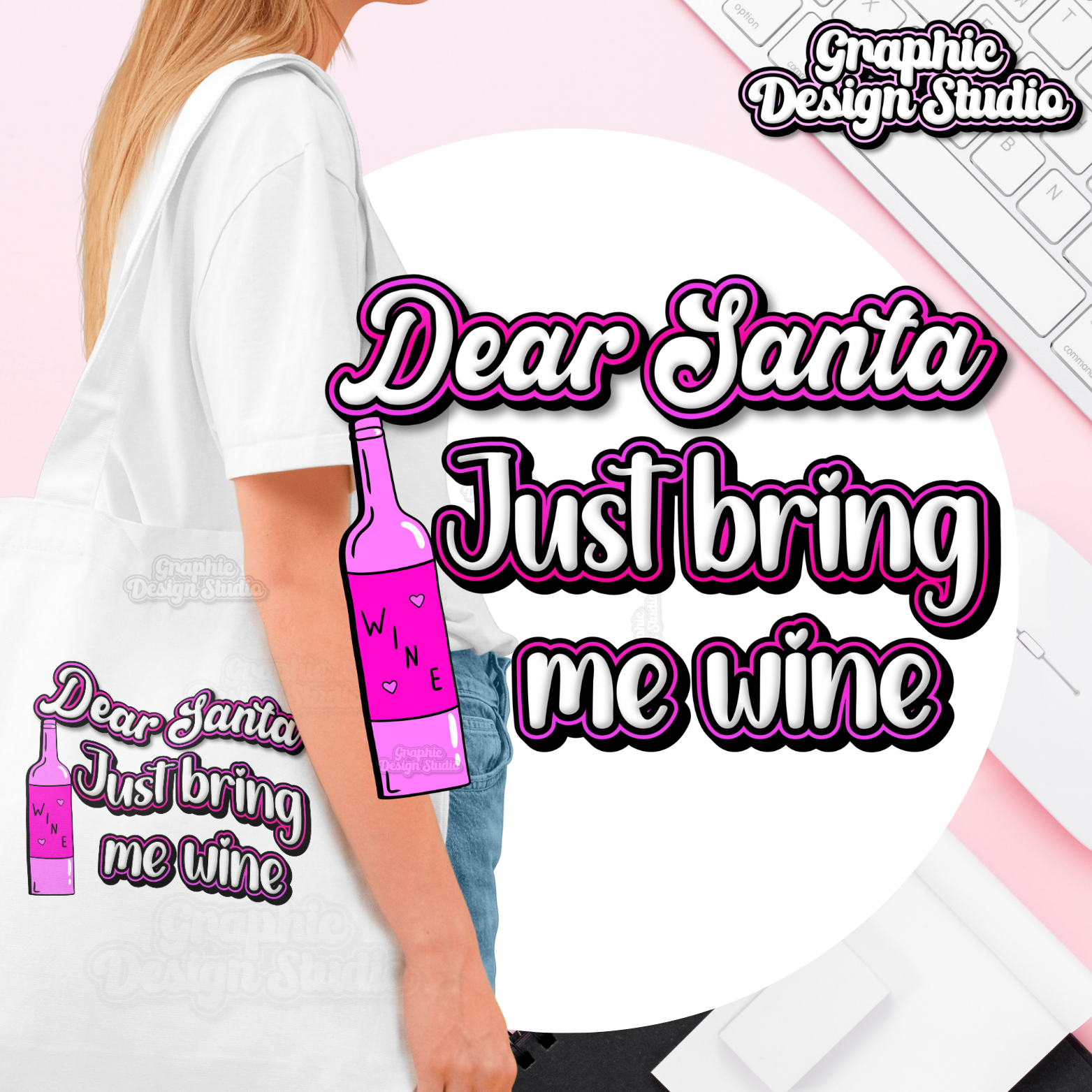 Person wearing a shirt with 'Dear Santa Just bring me wine' text and graphics on a pink background.
