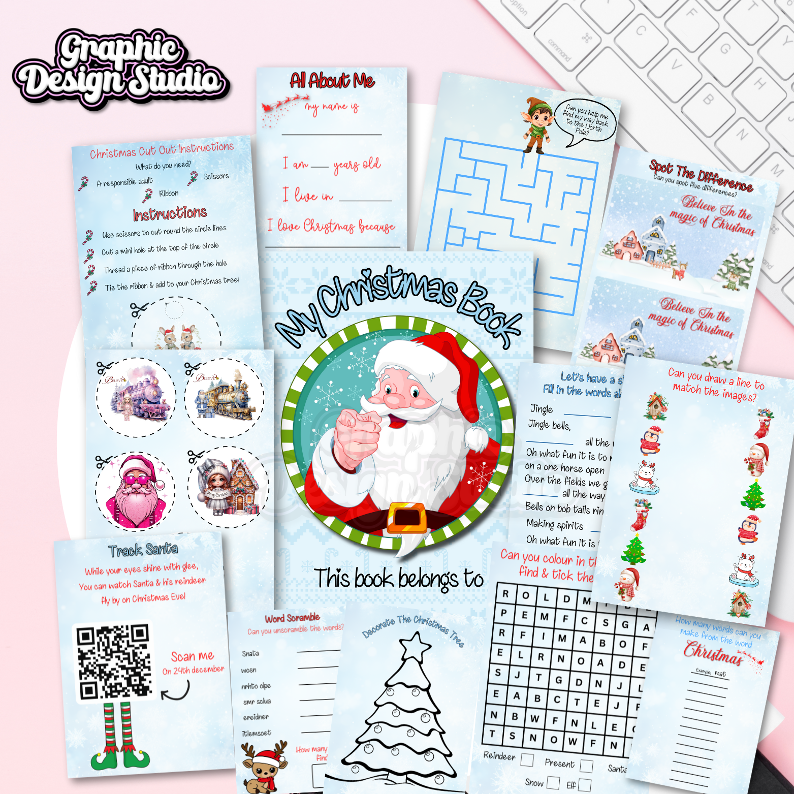 Collection of Christmas-themed activity pages with Santa Claus on a pink background.