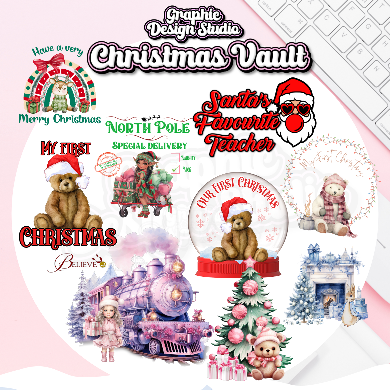 Collection of Christmas-themed graphics and illustrations on a white background.