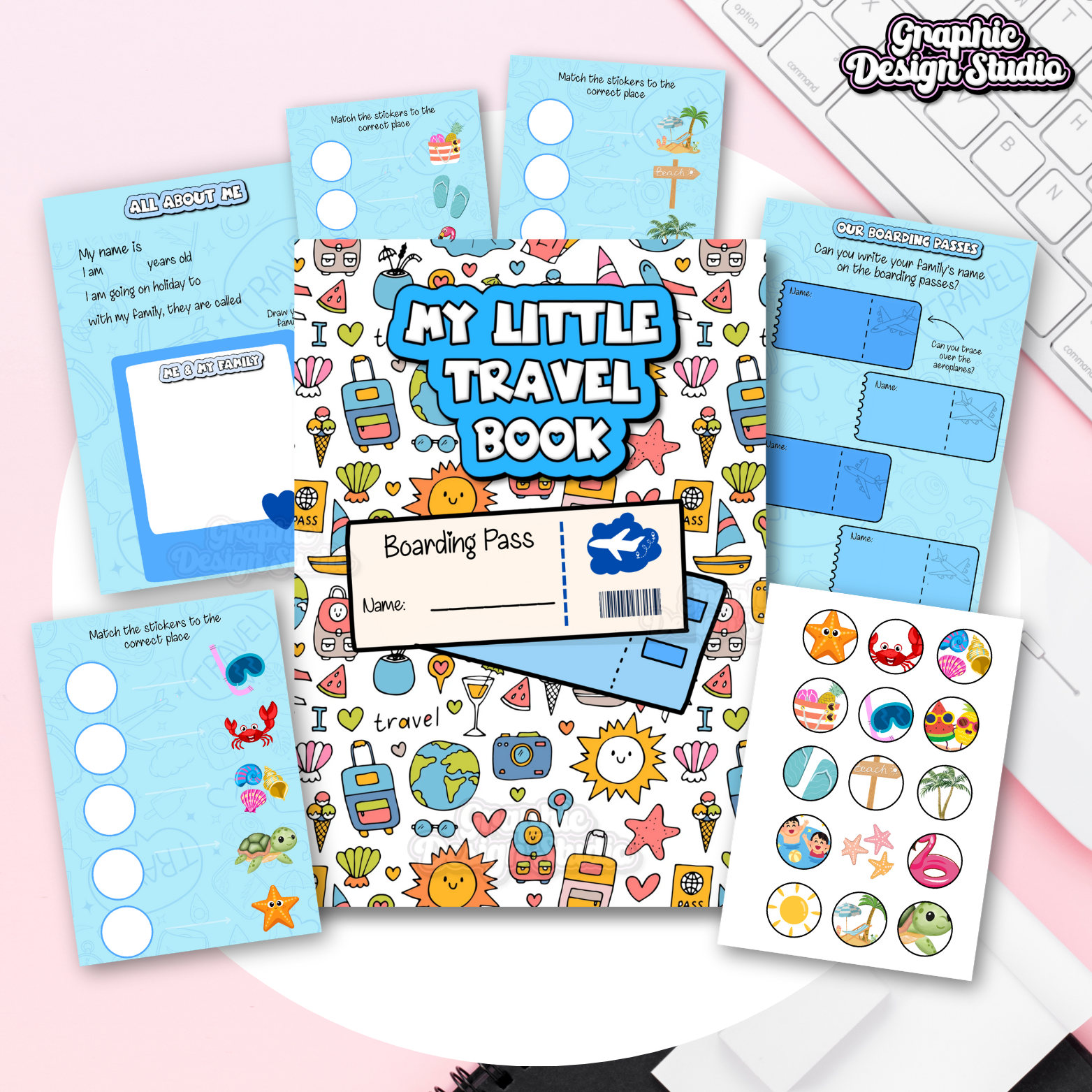 Children's travel book with stickers and activities on a pink background