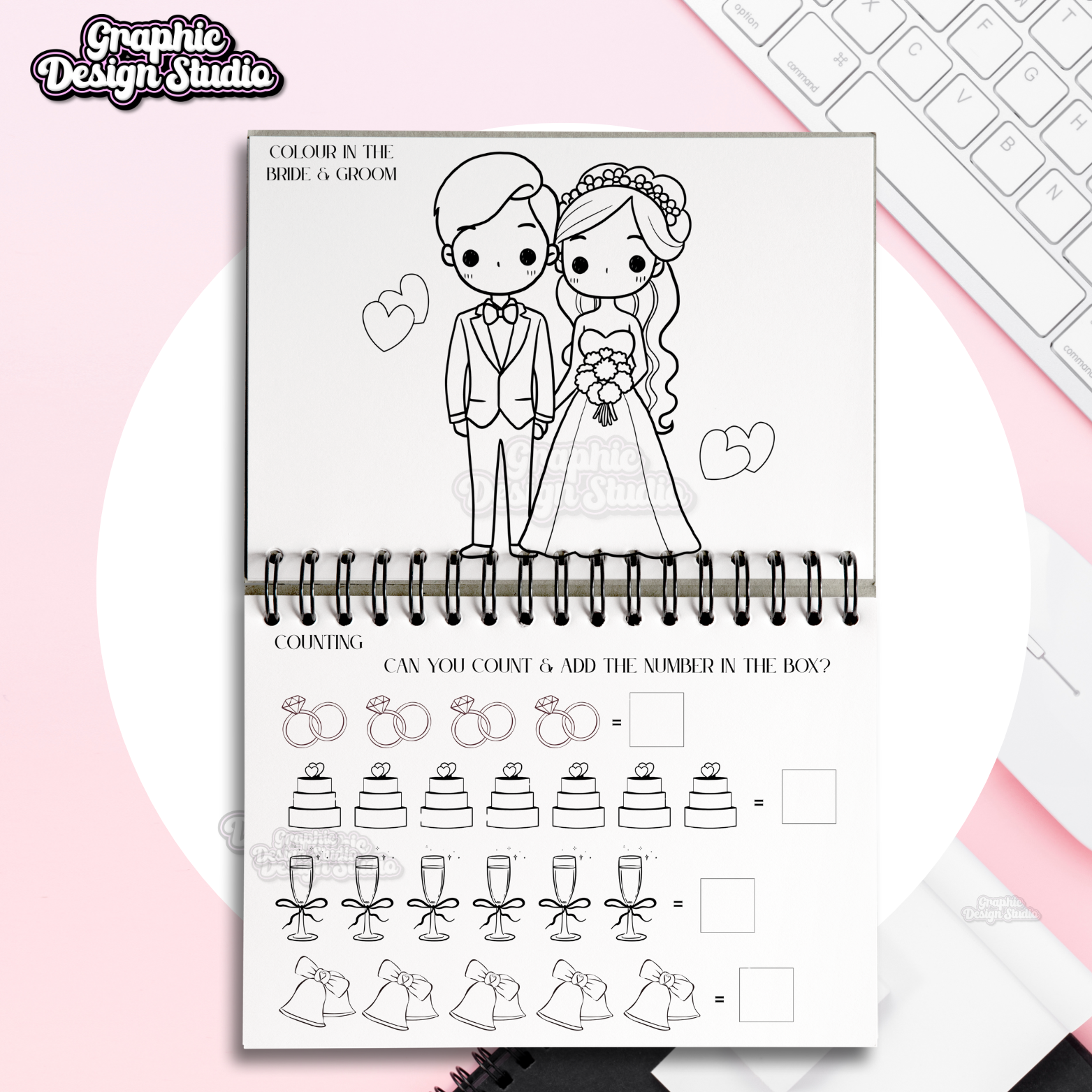 Coloring book page with cartoon bride and groom on a pink background
