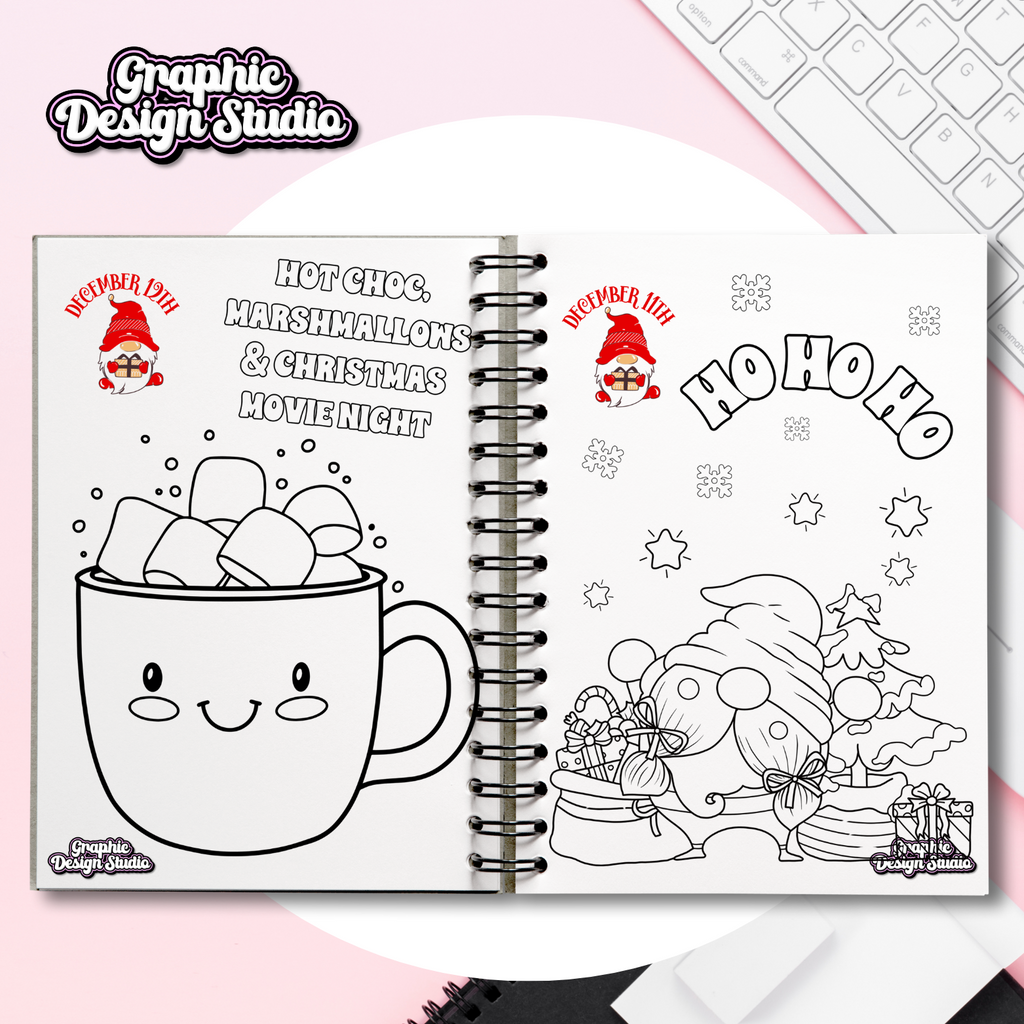 Coloring book with Christmas-themed pages featuring a mug and Santa Claus.