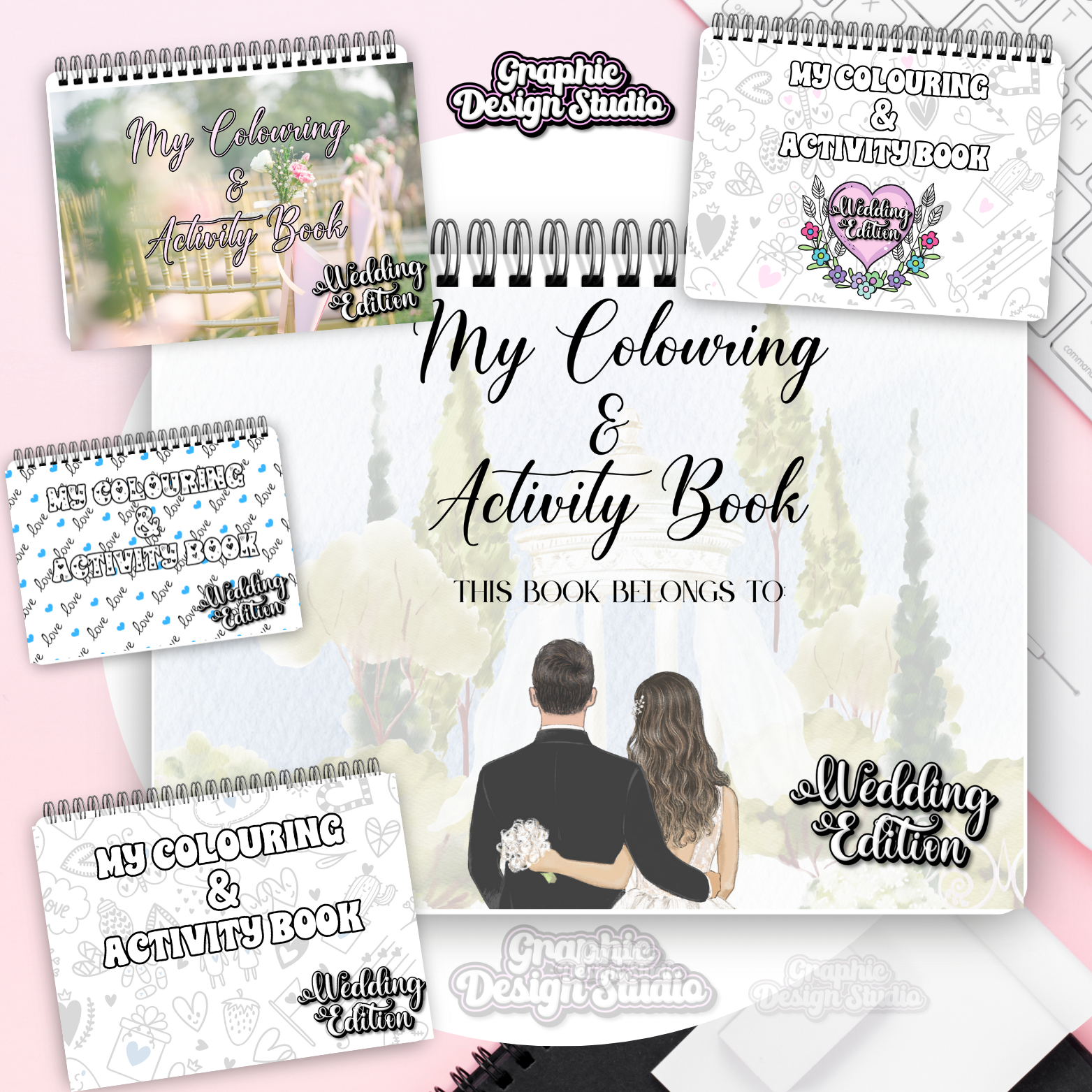 Collection of 'My Colouring & Activity Book' with a wedding theme on a white background.