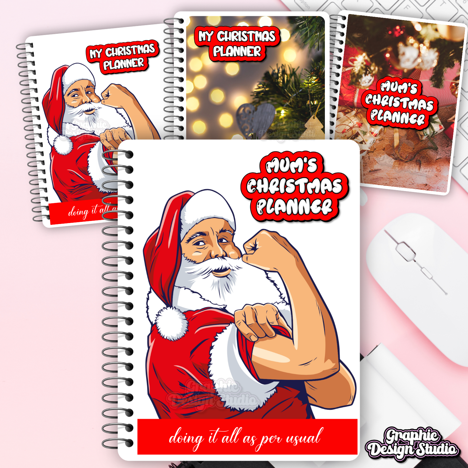 Santa Claus planner with 'Mum's Christmas Planner' text on a pink background