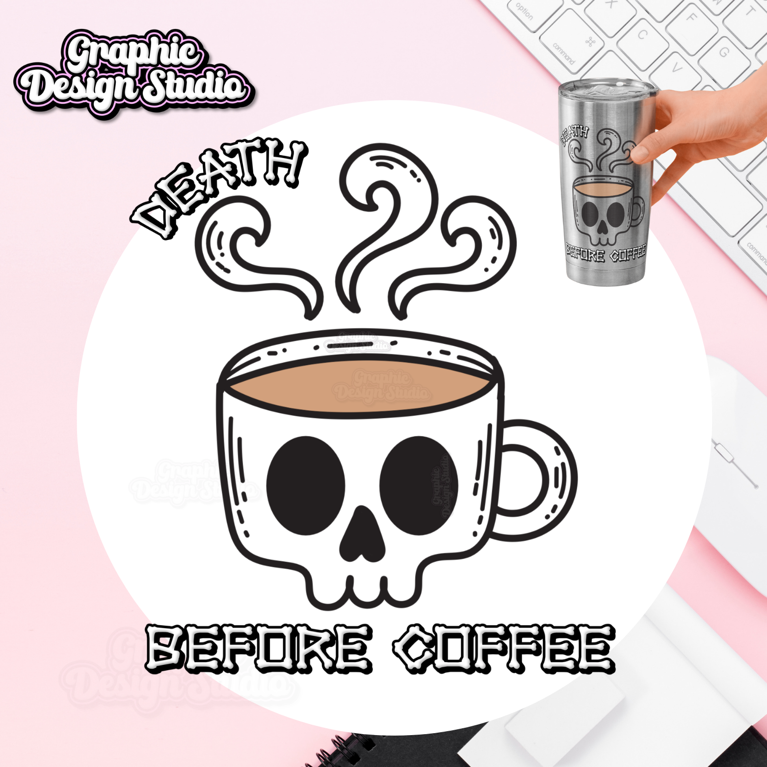 Skull-shaped coffee cup with steam and 'Death Before Coffee' text, held by a hand with a pink background. Digital download