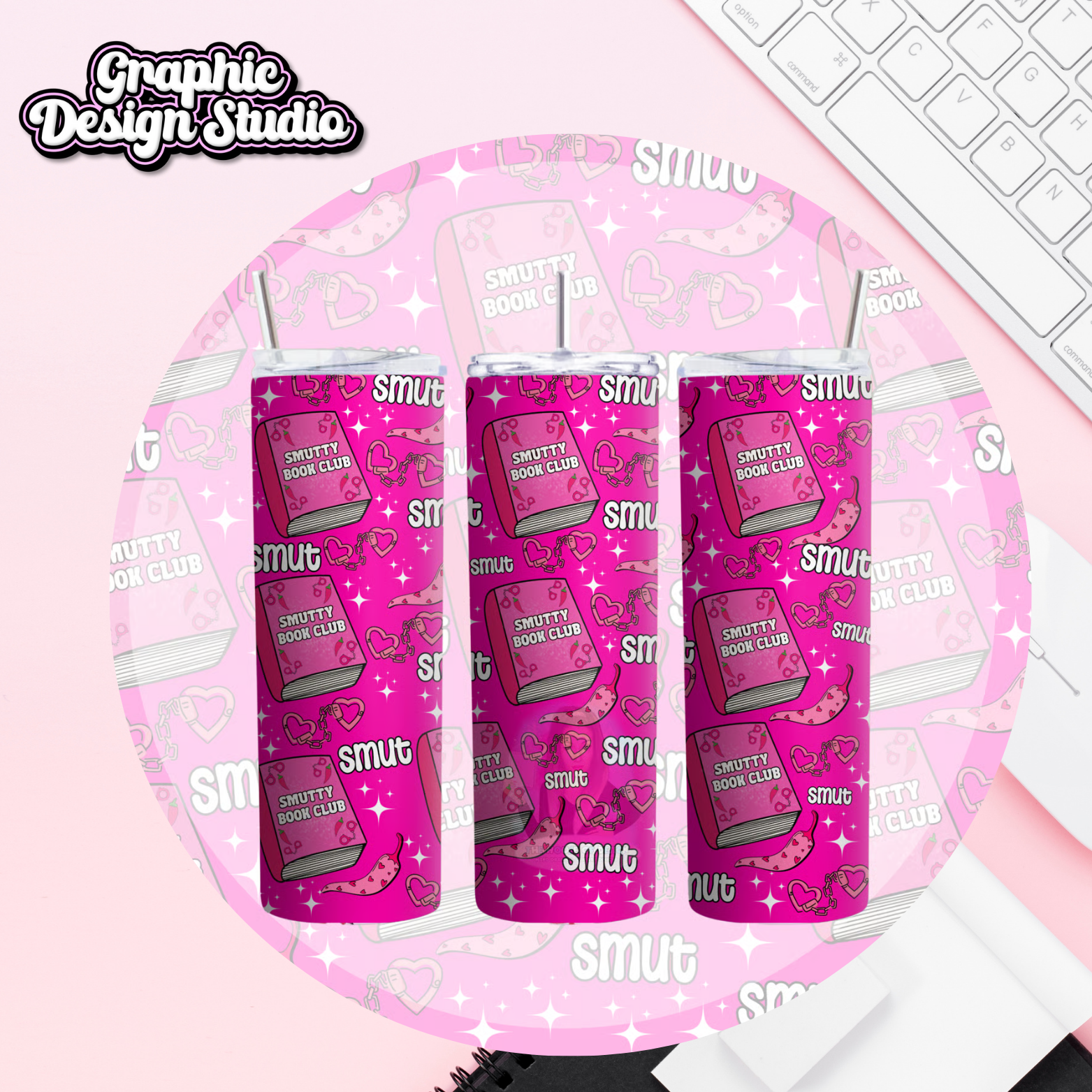 A pink and white 20oz tumbler design with a smutty book club design added with white stars and handcuffs 