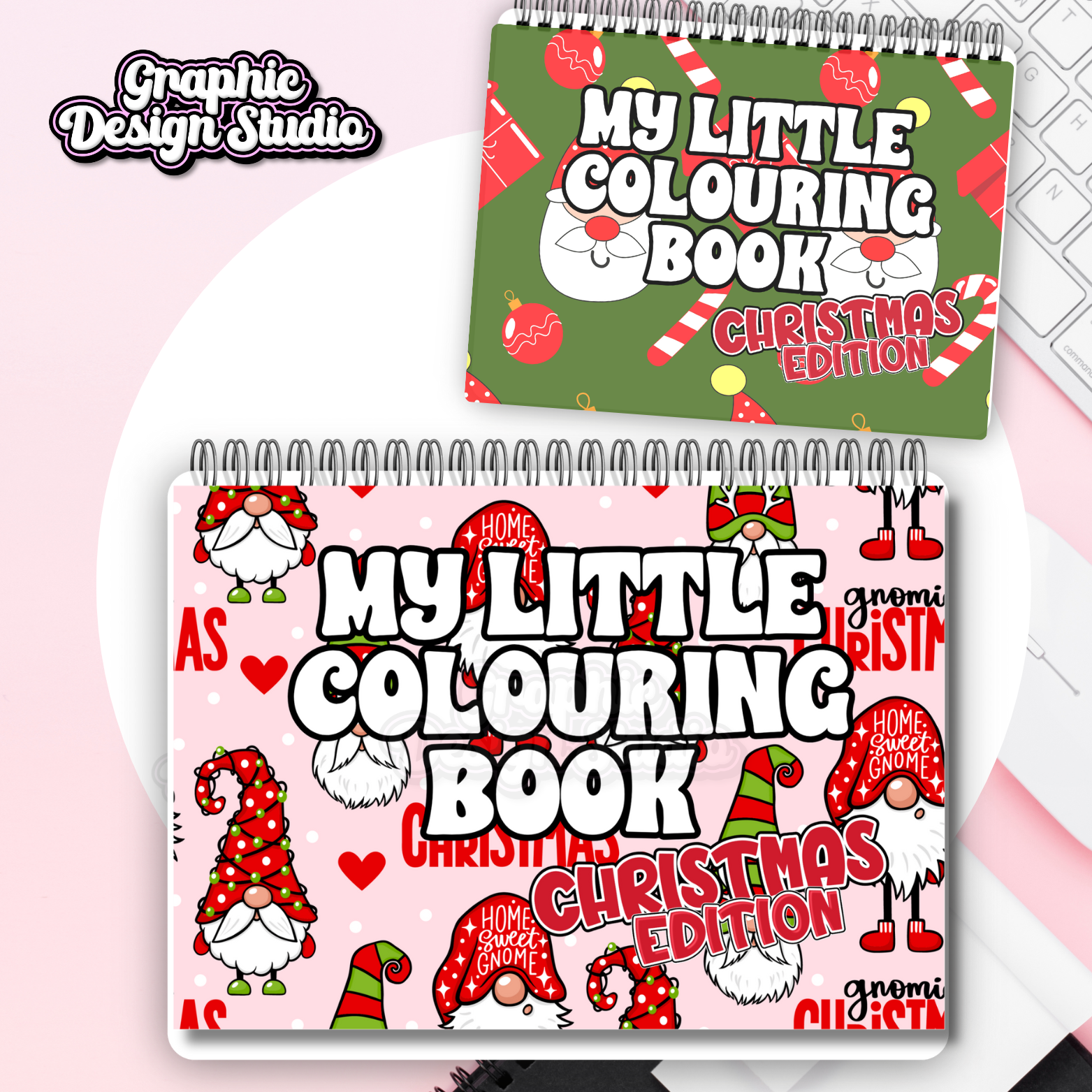 Two 'My Little Colouring Book Christmas Edition' on a pink background with cartoon gnomes and text. Digital download 