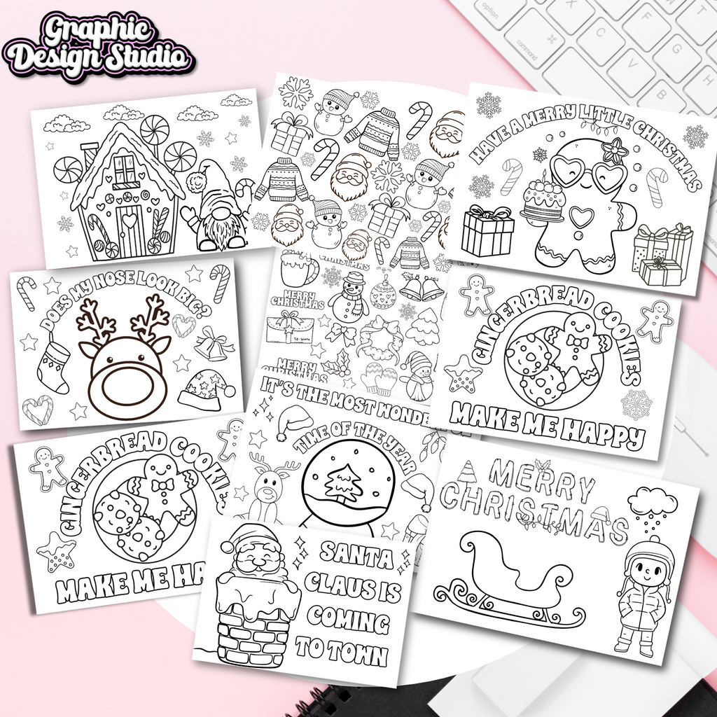 Collection of Christmas-themed coloring pages on a pink background with 'Graphic Design Studio' branding.