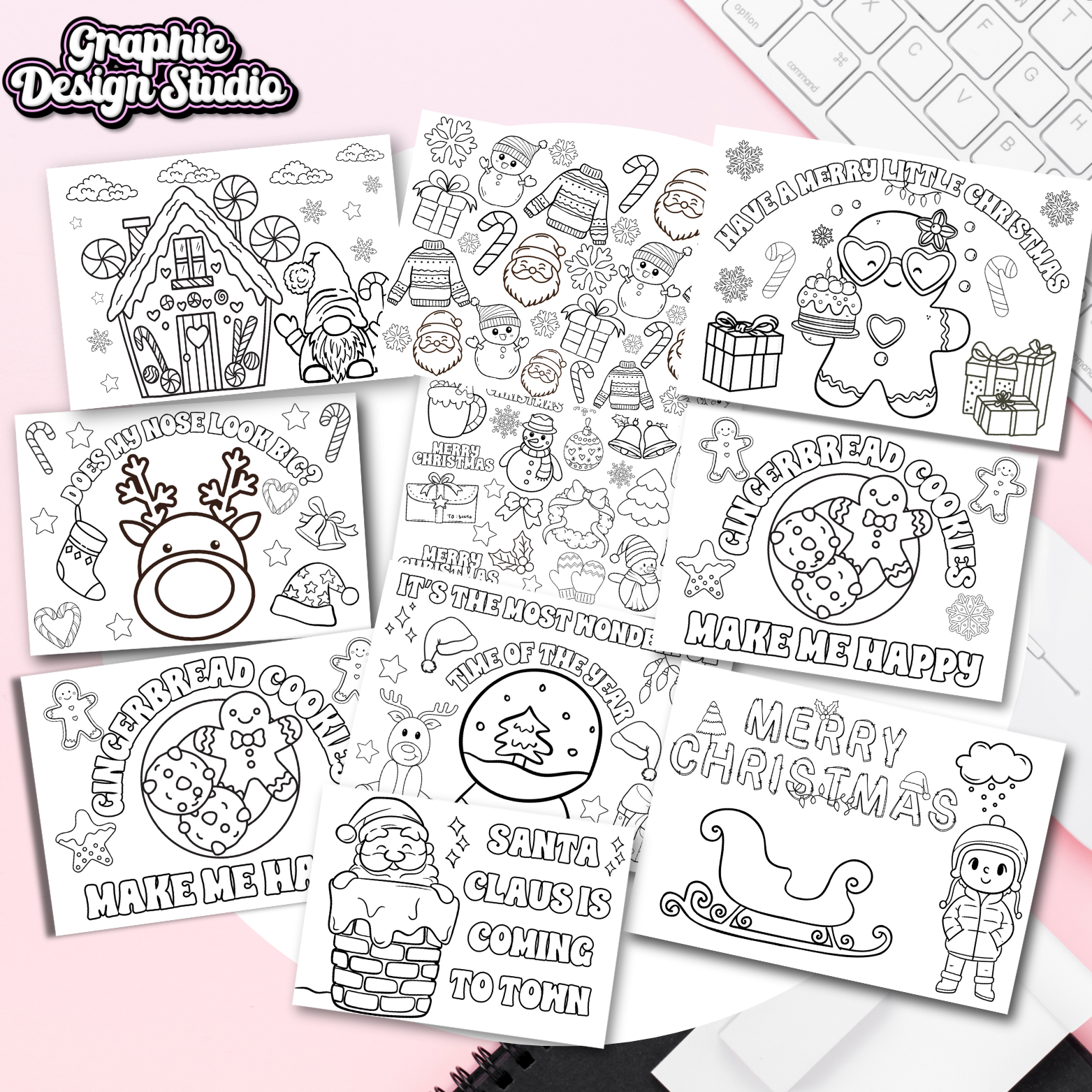 Collection of Christmas-themed coloring pages on a pink background with 'Graphic Design Studio' branding.