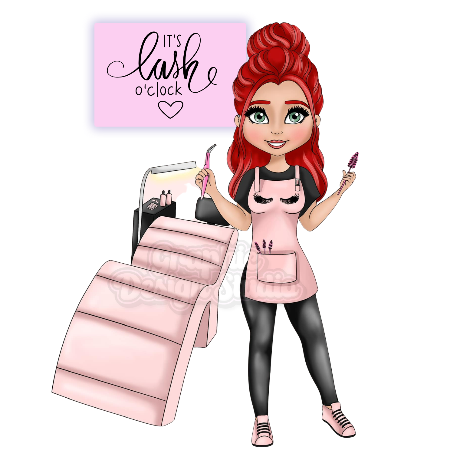 A logo design with personalised features with red hair, green eyes, with a lash salon image in the background