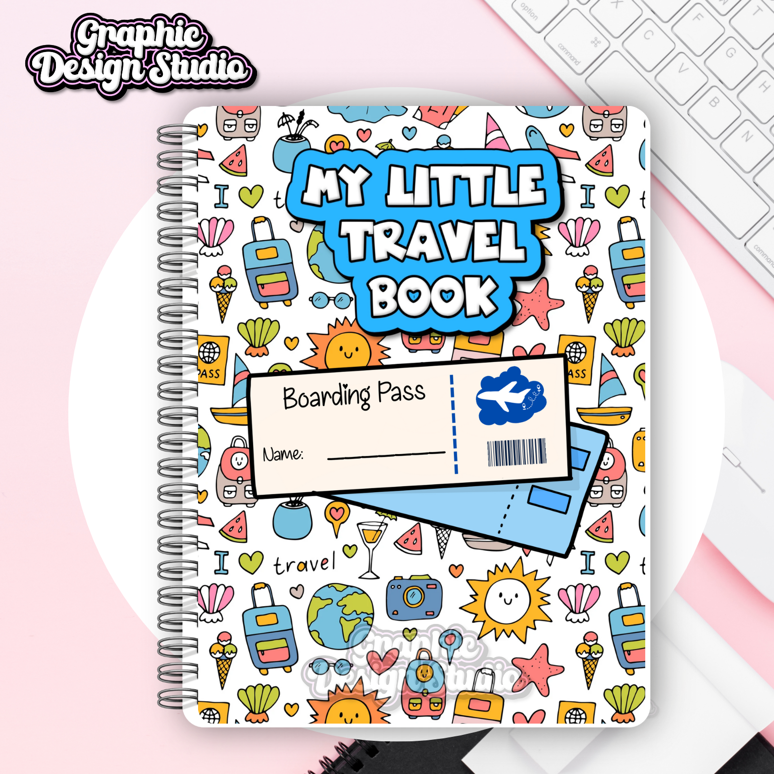 Children's travel notebook with colorful design on a pink background