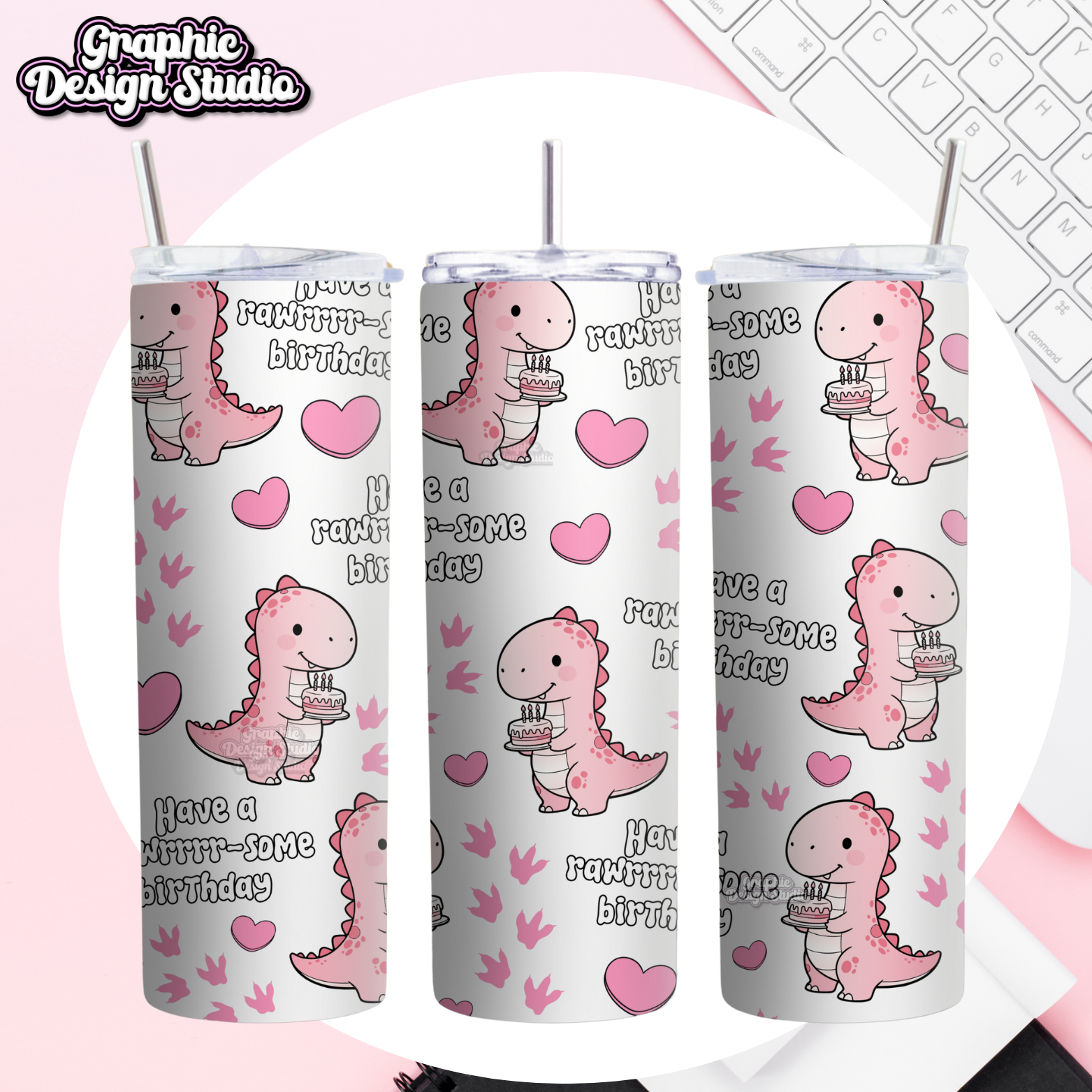 Pink dinosaur on a tumber 