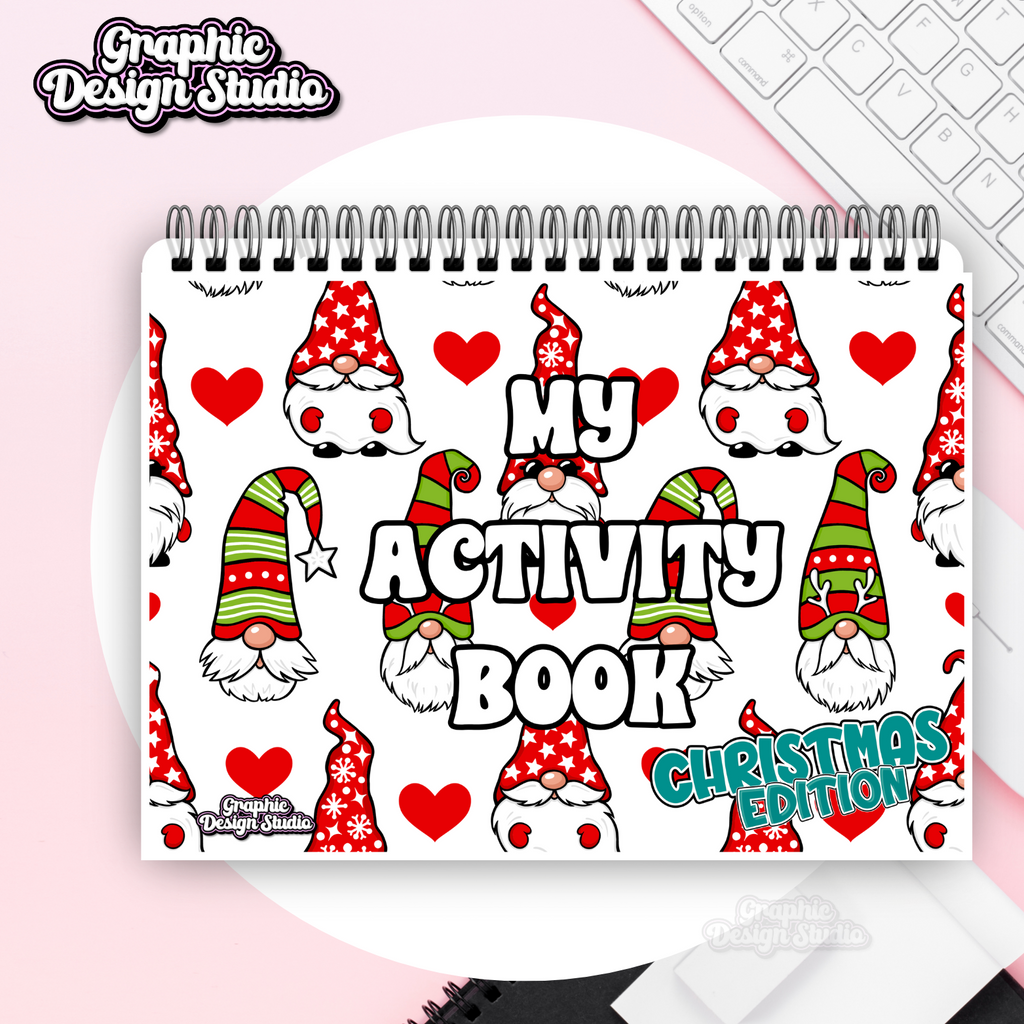 Children's activity book with Christmas-themed gnomes and hearts on a pink background