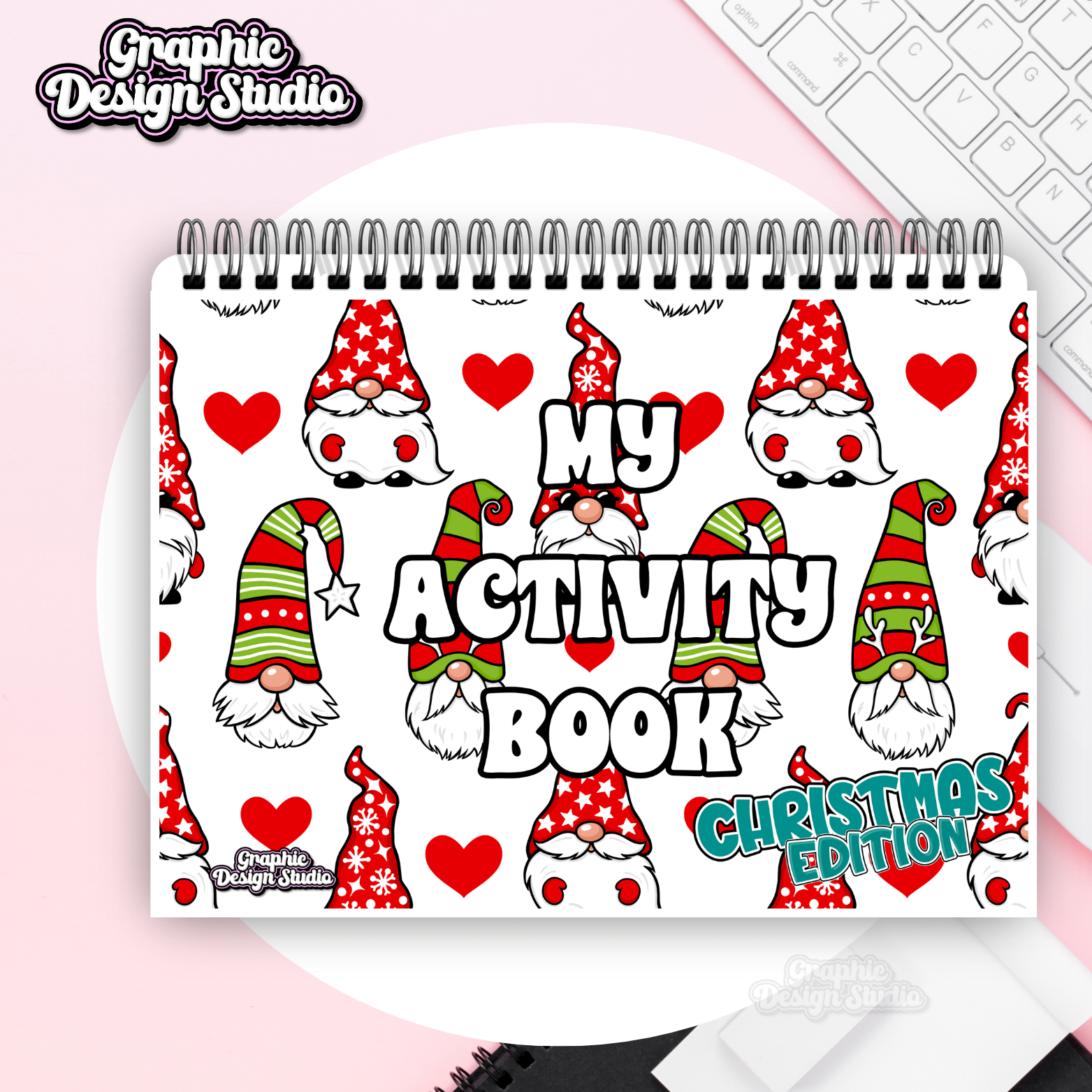 Children's activity book with Christmas-themed gnomes and hearts on a pink background
