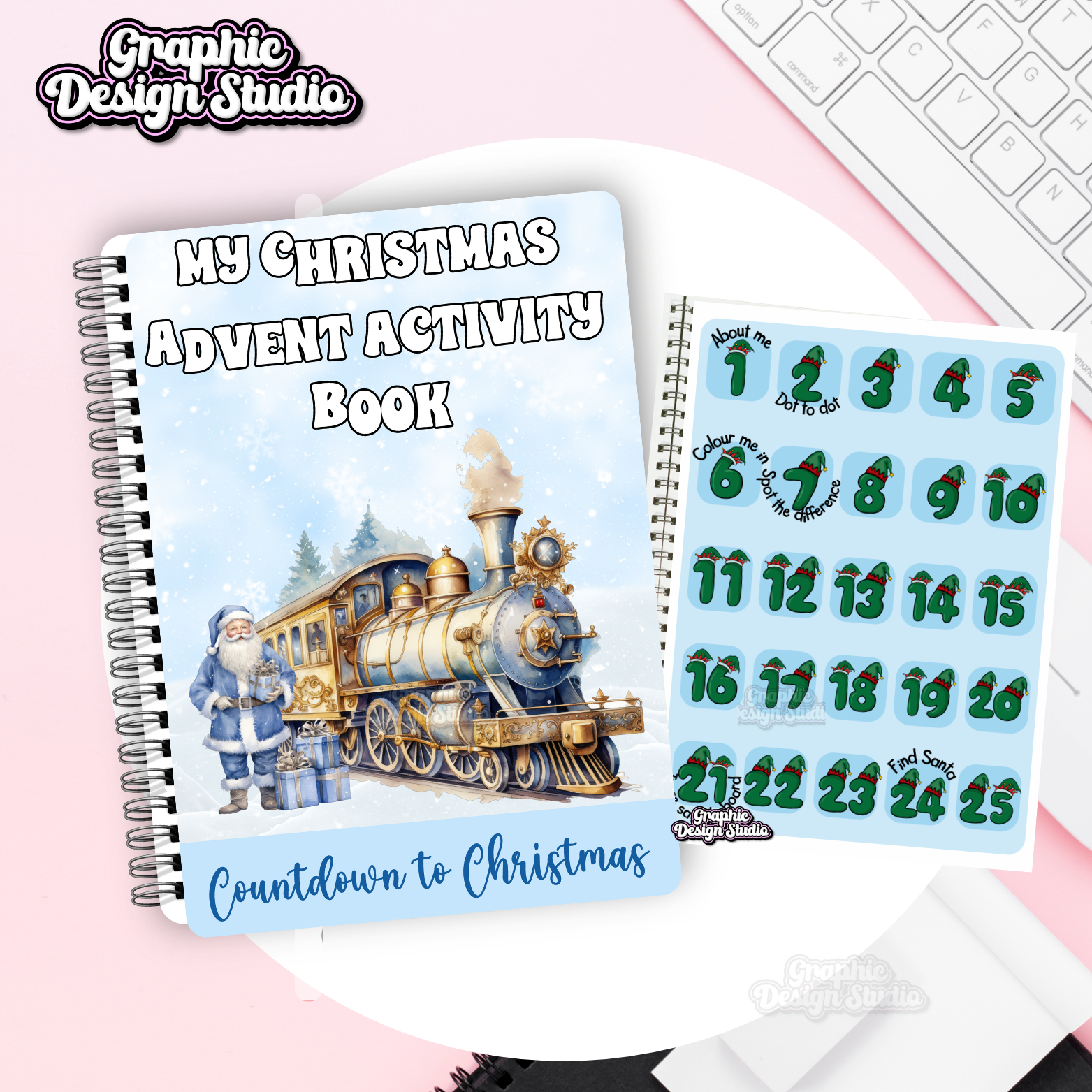 Christmas advent activity book with train illustration and numbered stickers on a pink surface.