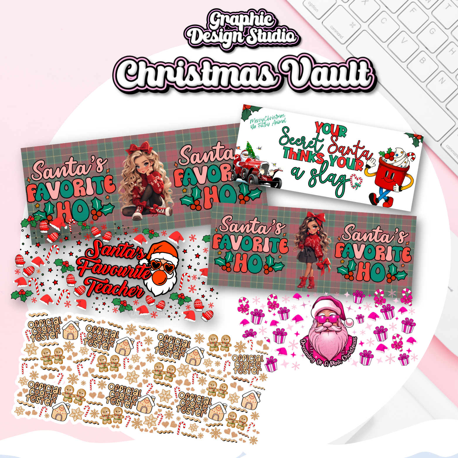 Collection of Christmas-themed greeting cards and stickers with Santa Claus and other holiday characters on a white background.