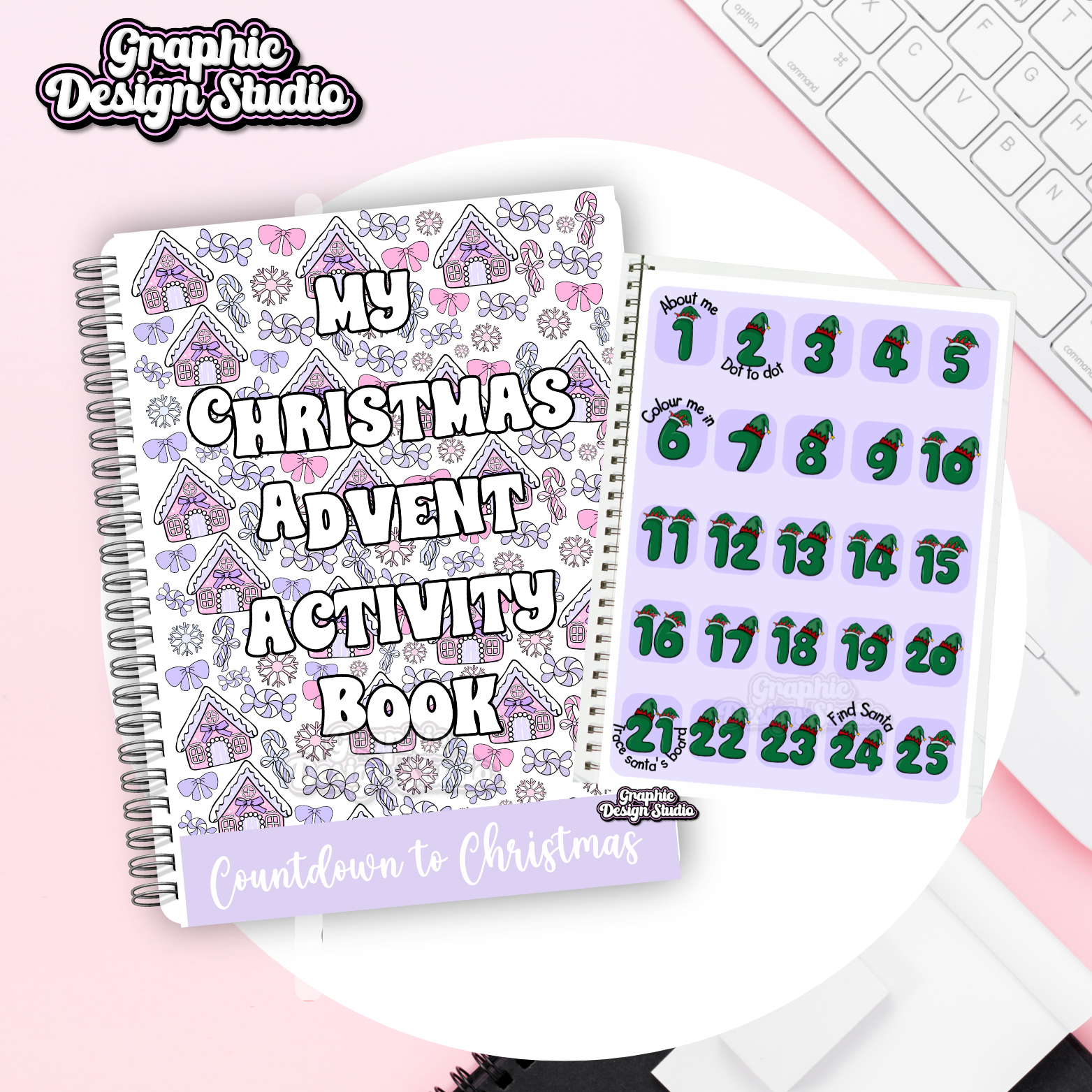 Christmas advent activity book with decorative cover and numbered stickers on a pink surface.