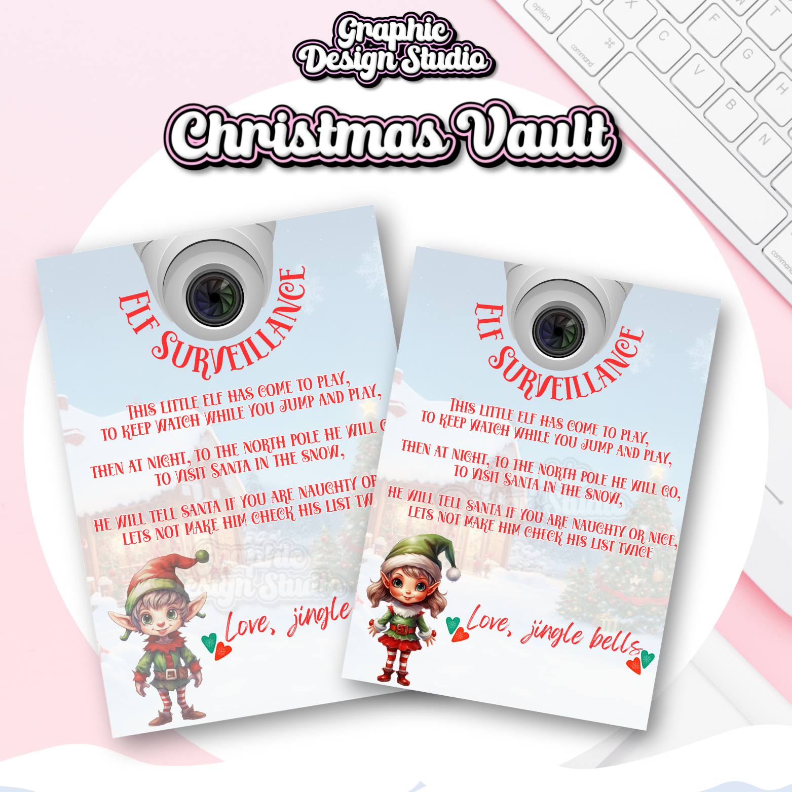 Two Christmas-themed surveillance camera covers with an elf design on a white background.
