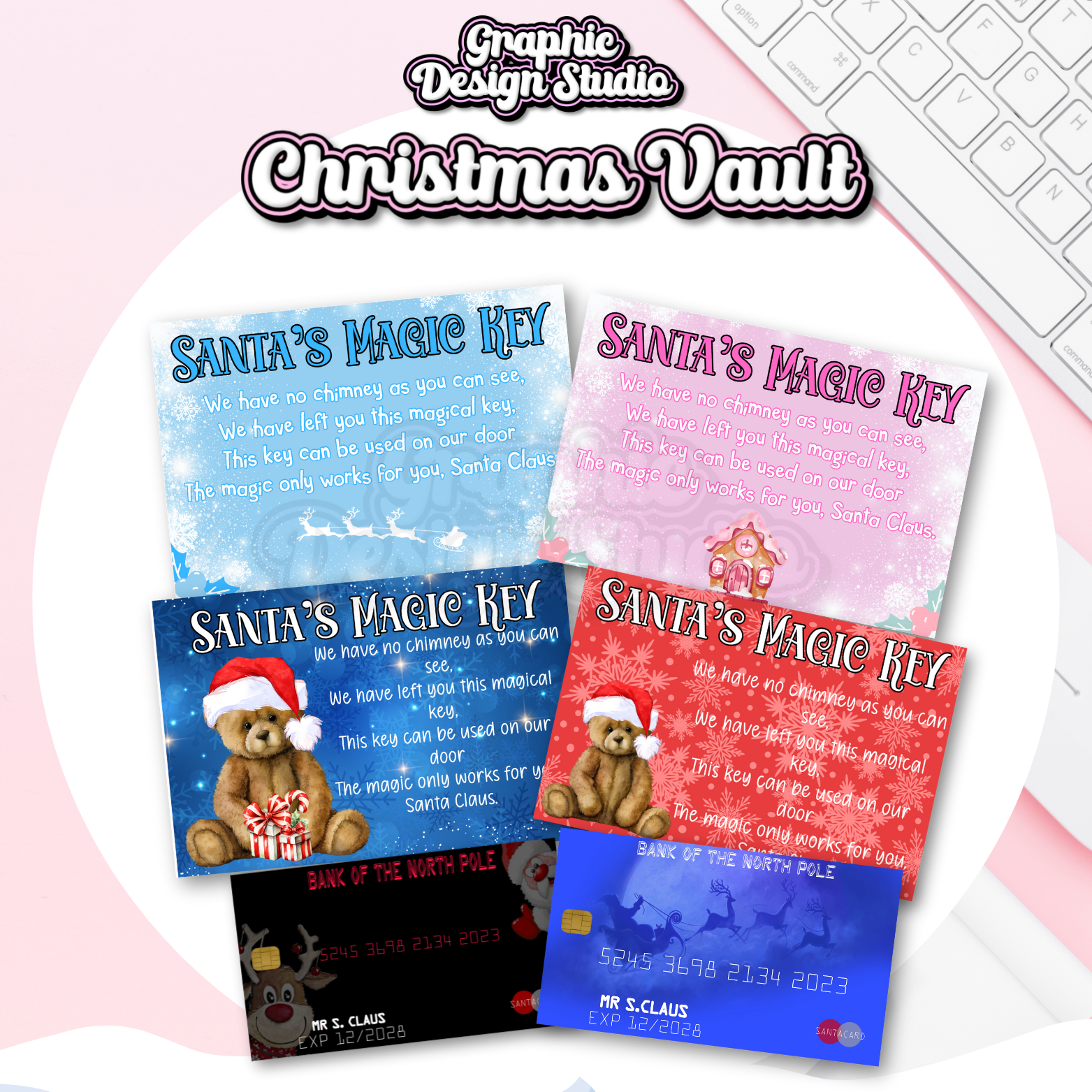 Set of 'Santa's Magic Key' cards with colorful designs on a white background.