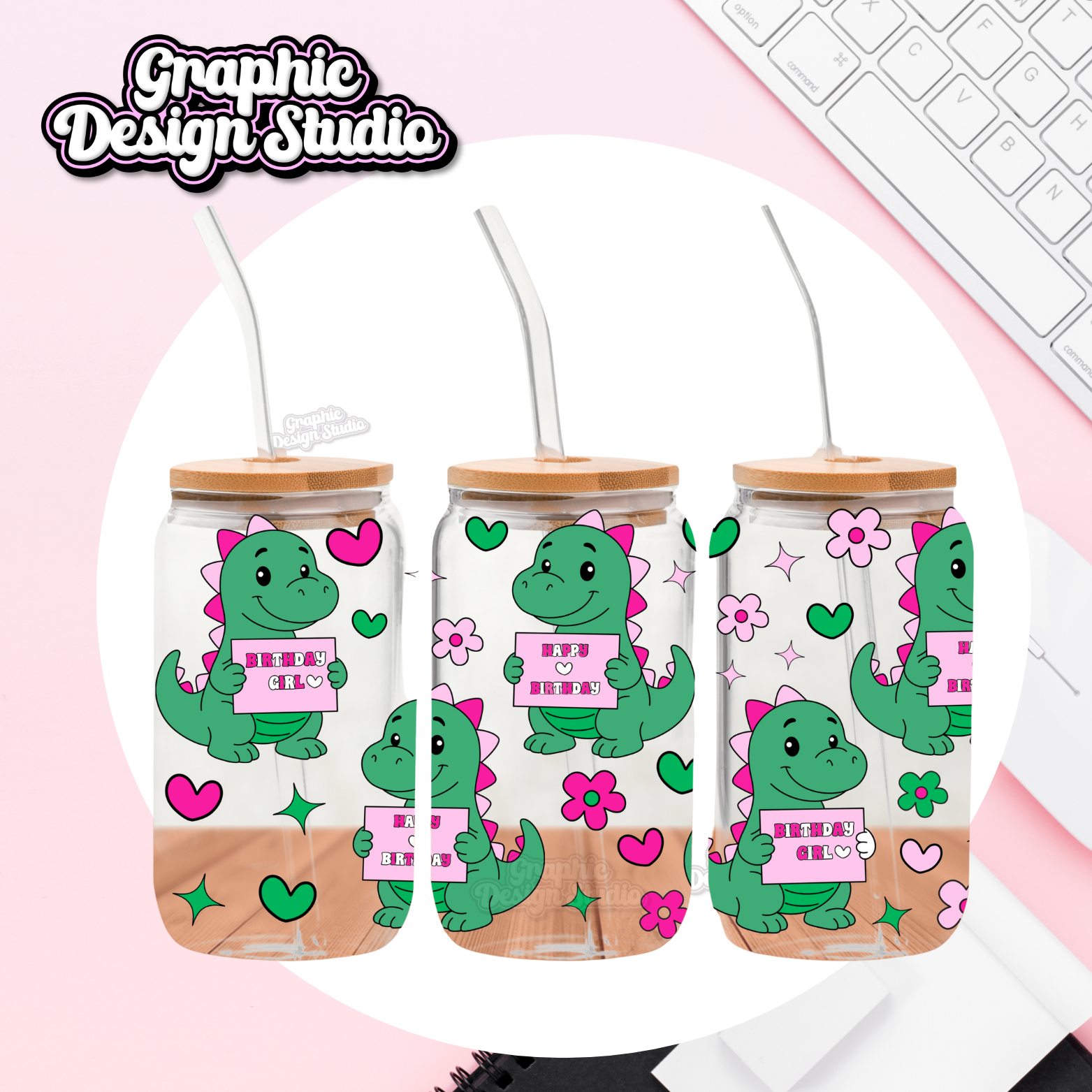 Three green dinosaur-themed tumblers with pink hearts and flowers on a white background.