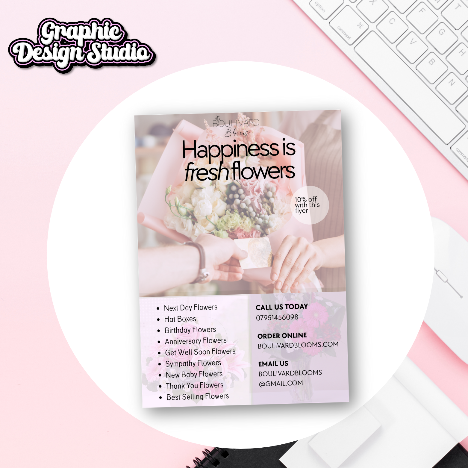 an image of a digital flyer leaflet with pink flowers on for a flower shop 