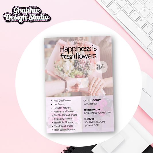 an image of a digital flyer leaflet with pink flowers on for a flower shop 