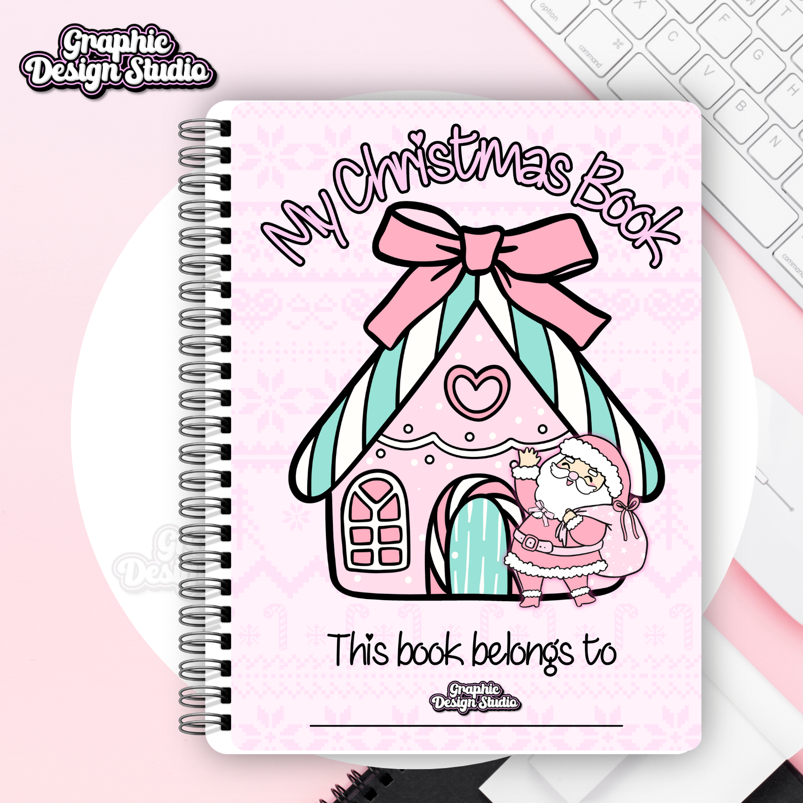 Notebook with Christmas design on a pink background